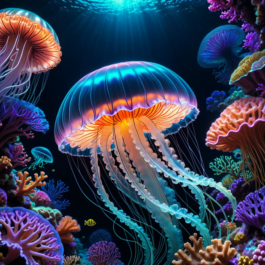 luminous object, aesthetic, extremely detailed, "PATCHWORK EMBROIDERY": UV BLACK LIGHT LINE ART PAINTING OF A BEAUTIFUL TRANSLUCENT JELLYFISH under the sea, marine fishe, colorful corals, by WETA FX and industrial light and magic, intricate elaborate RTX enhanced CGI render inspired by yayoi Kusama, pastel, intricate details, HDR, beautifully shot, hyperrealistic, sharp focus,  megapixels, perfect composition, high contrast, cinematic, atmospheric, moody