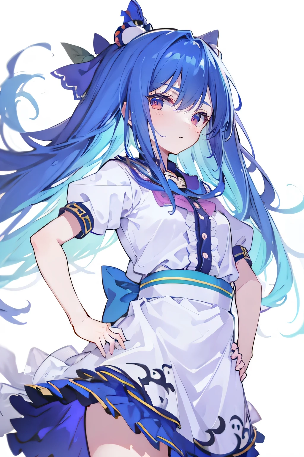 (masterpiece),best quality, expressive eyes, perfect face, 1girl,
Put your hands on your waist,Fair, Gorgeous,japanese manga,girl,Laura,young angel, blue hair, blue haired, floating clothes,grab your waist, grab your waist, hands on hips , hands on hips,flat chest