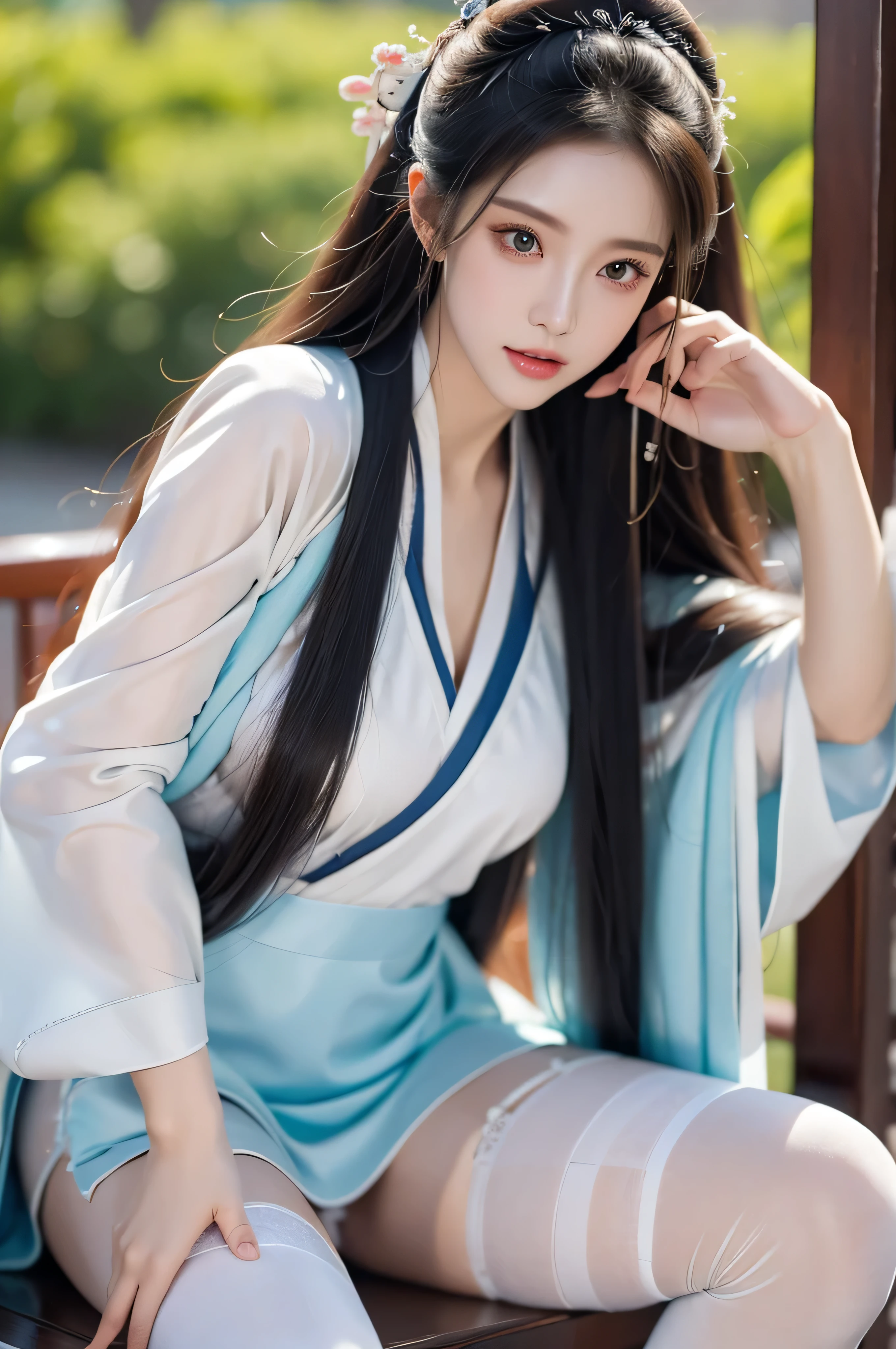 High resolution、1 beauty，Sexy、long hair，Clear hand details，fit、Moist eyes、half-open lips、Fair、feature、Attractions、idle、instigate、beauty、White thick stockings、Shunguang、Shot diagonally from directly below、Accurate drawing、detailed picture、precise anatomy、Simple background，hanfu