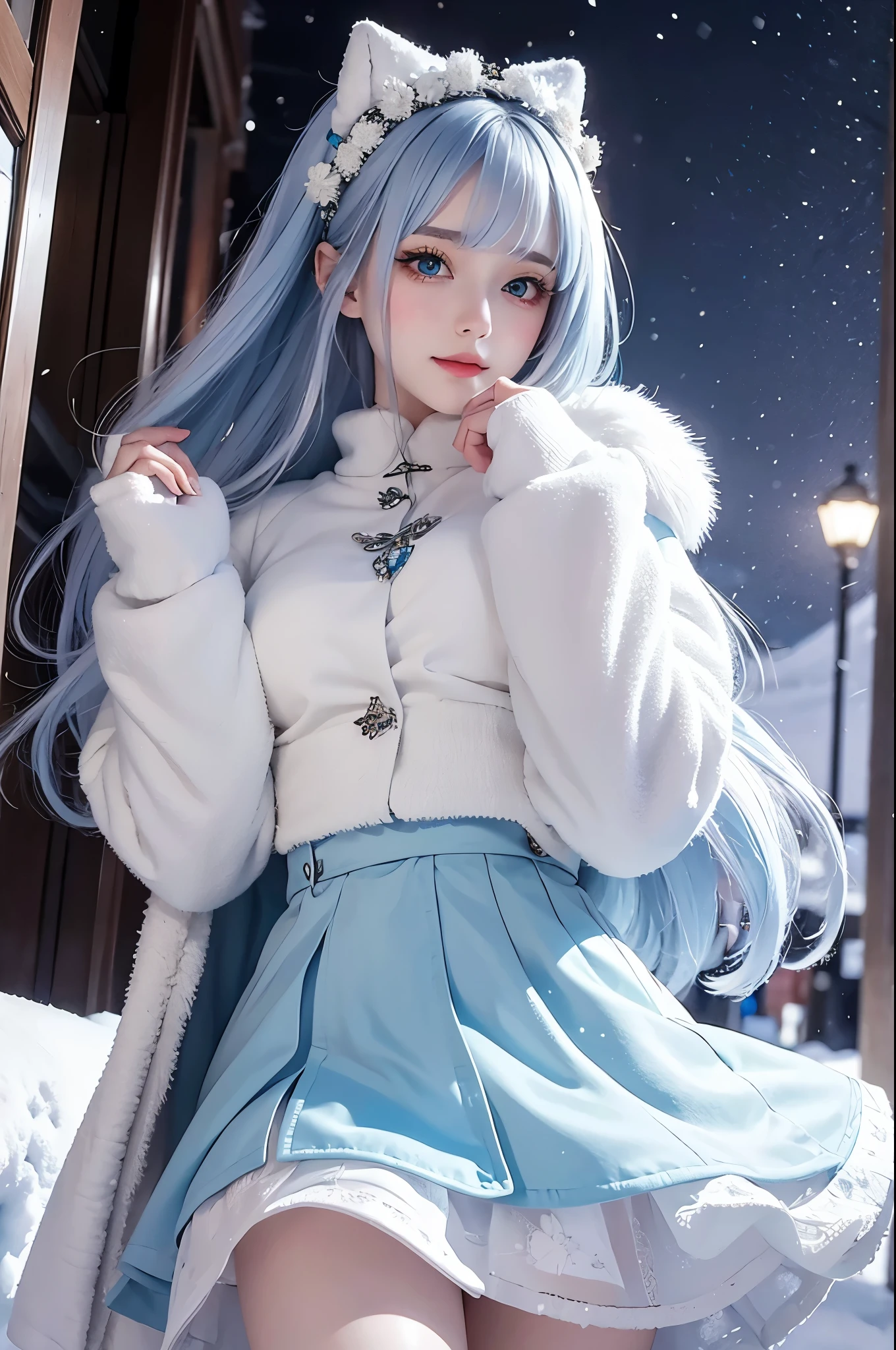 (masterpiece, highest quality),
It's snowing.
Composition of a woman standing under a snowy night sky. Her face is important.
Her eyes are bright green and her hair is light blue and white, long and fluffy.
She is wearing a down jacket and is putting on her gloves.