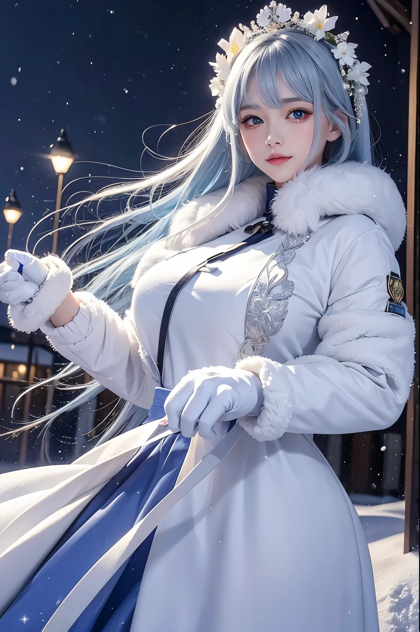 (masterpiece, highest quality),
It's snowing.
Composition of a woman standing under a snowy night sky. Her face is important.
Her eyes are bright green and her hair is light blue and white, long and fluffy.
She is wearing a down jacket and is putting on her gloves.