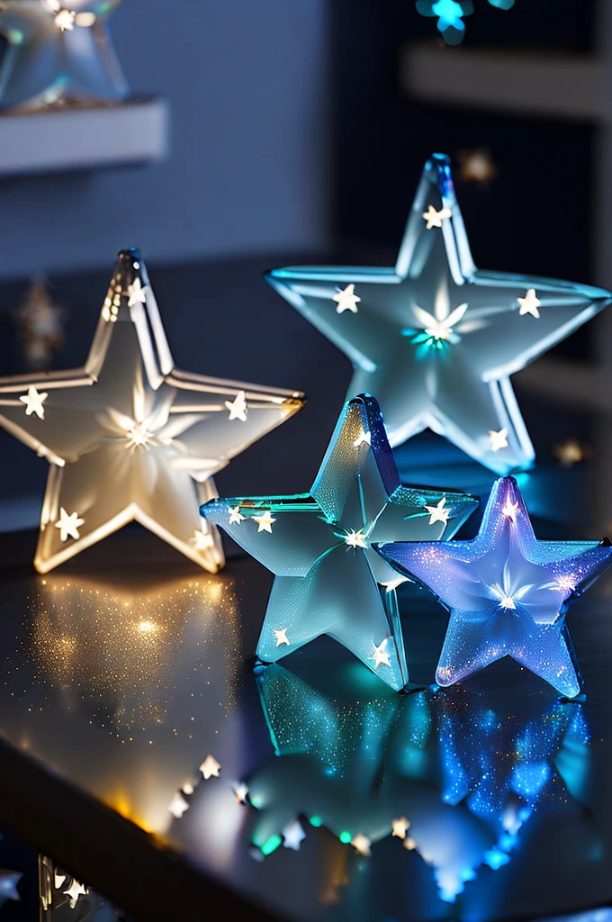 ((perfectly formed luminous glass stars, on a table in a children's room: 1.4)), at night: 1.3, ((perfect, Meticulously detailed, flawless, film-like, cinematic: 1.5), (( Masterpiece ) ), (Hyper Detailed: 1.3), (Photorealistic: 1.4), Epic, Night: 1.3, Dark: 1.3, 32k.