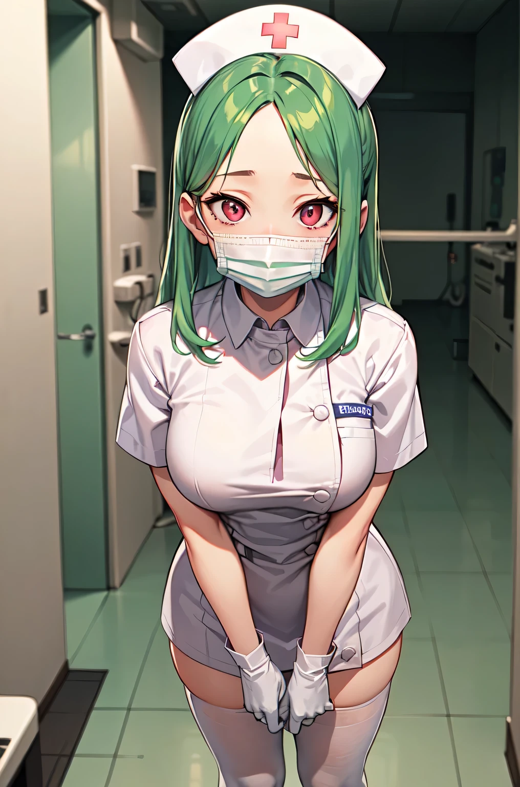 1woman, solo, nurse, white nurse cap, white nurse uniform, ((white legwear, zettai ryouiki)), white gloves, forehead, long hair, green hair, pink eyes, ((white surgical mask, covered nose)), standing, ((hospital room)), sharp outline, short sleeves, mature female, 35 years old, best quality, masterpiece