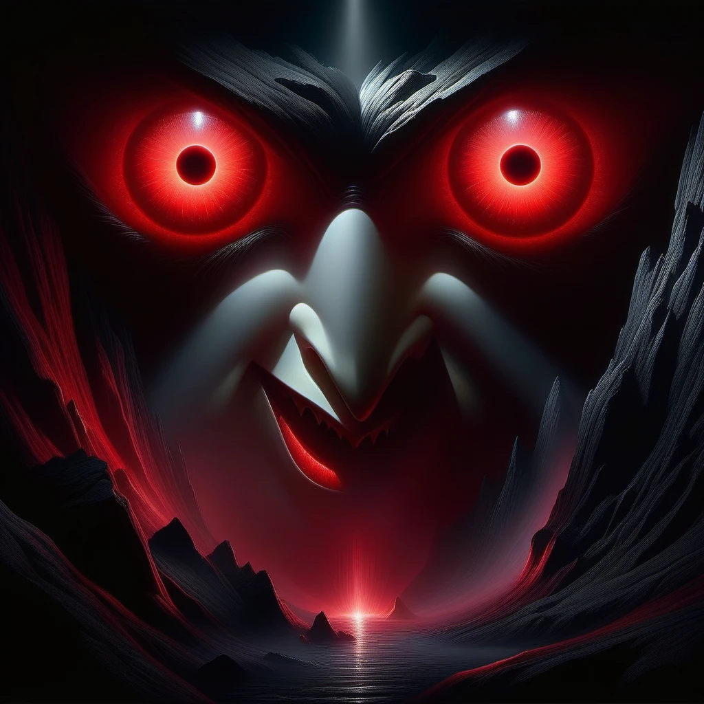 In the obsidian blackness of a cave, rays of red luminosity pierce forth from a gargantuan demonic duo of eyes, disjointedly sprouting from the murky shadows, akin to artwork by Eric Wallis, visually commanding with ultra-high-definition, endeavoring for photorealism, color palette steeped in rich and vibrant hues, enriched by painstaking detail, scrip-styled. High Resolution, High Quality, Masterpiece. best quality, masterpiece, super detail