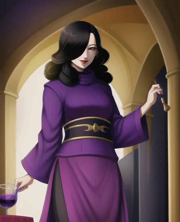 painting, Red eyes, hair over one eye,Black hair, curly hair, red lips, Purple dress, He smiles,Mature female, The background is poured, Castle arches, Fantasy land