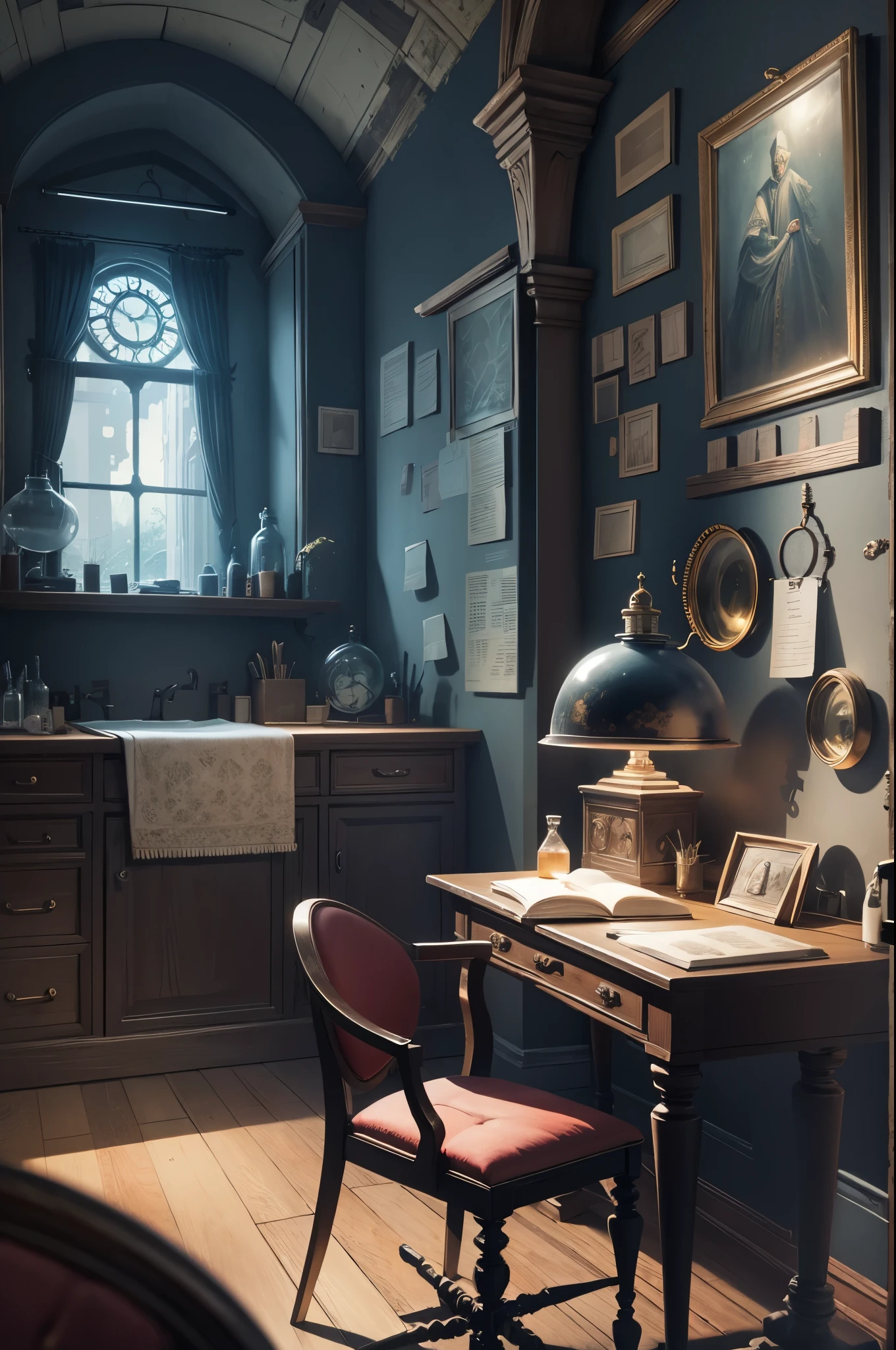 room with desk and chair, fantasy alchemist laboratory, magic laboratory setting, mysterious laboratory, steampunk laboratory, magic lab background, wizards laboratory, surreal sci fi set design, science fantasy painting, 8k high detail concept art, alchemy laboratory, highly detailed matte painting, realistic fantasy render, surrealism 8k,
