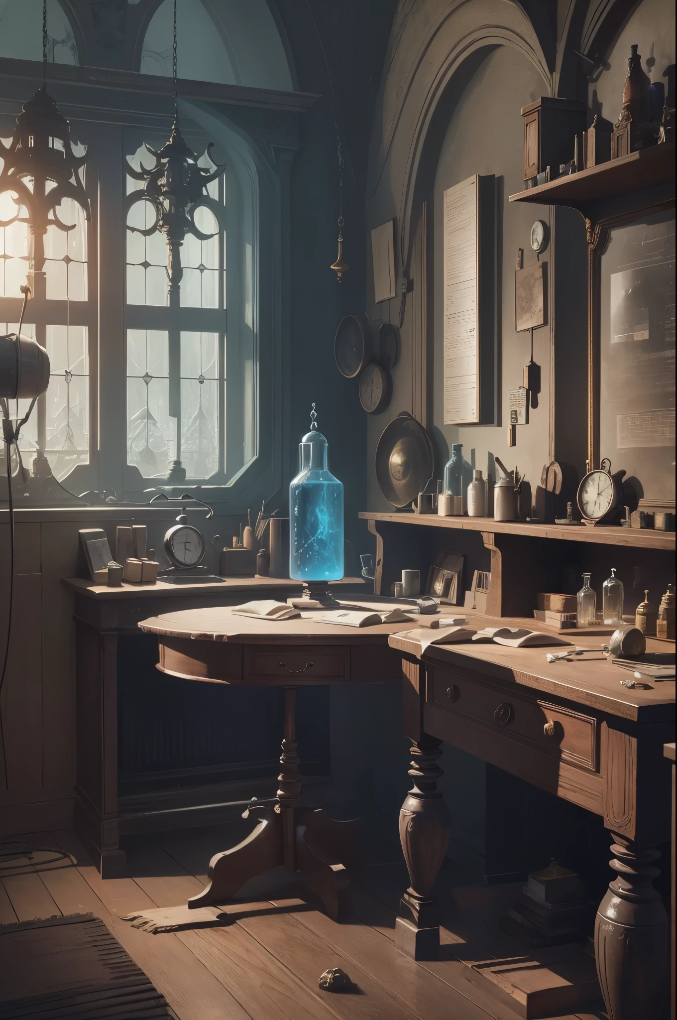 room with desk and chair, fantasy alchemist laboratory, magic laboratory setting, mysterious laboratory, steampunk laboratory, magic lab background, wizards laboratory, surreal sci fi set design, science fantasy painting, 8k high detail concept art, alchemy laboratory, highly detailed matte painting, realistic fantasy render, surrealism 8k,