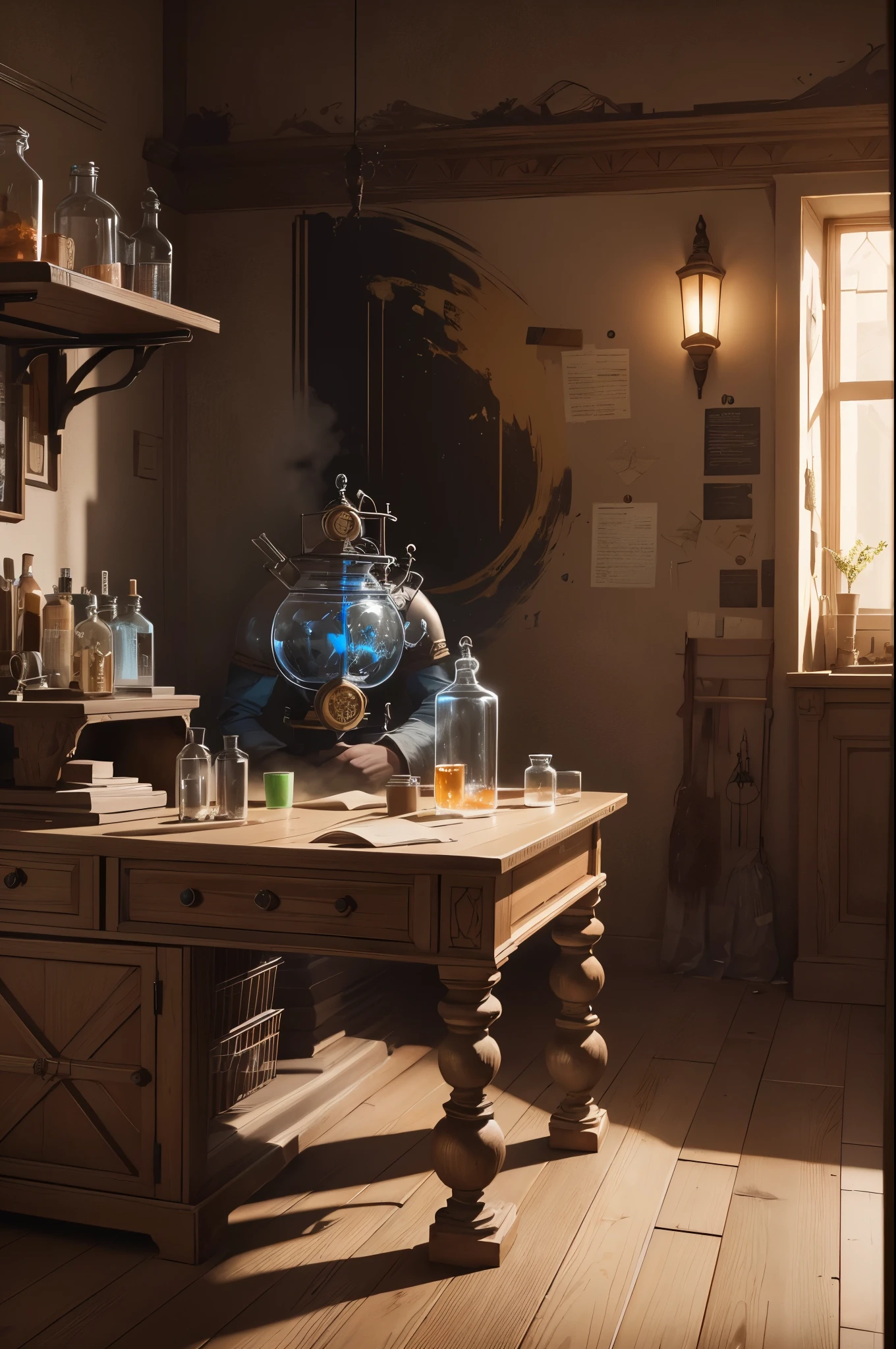 room with desk and chair, fantasy alchemist laboratory, magic laboratory setting, mysterious laboratory, steampunk laboratory, magic lab background, wizards laboratory, surreal sci fi set design, science fantasy painting, 8k high detail concept art, alchemy laboratory, highly detailed matte painting, realistic fantasy render, surrealism 8k,