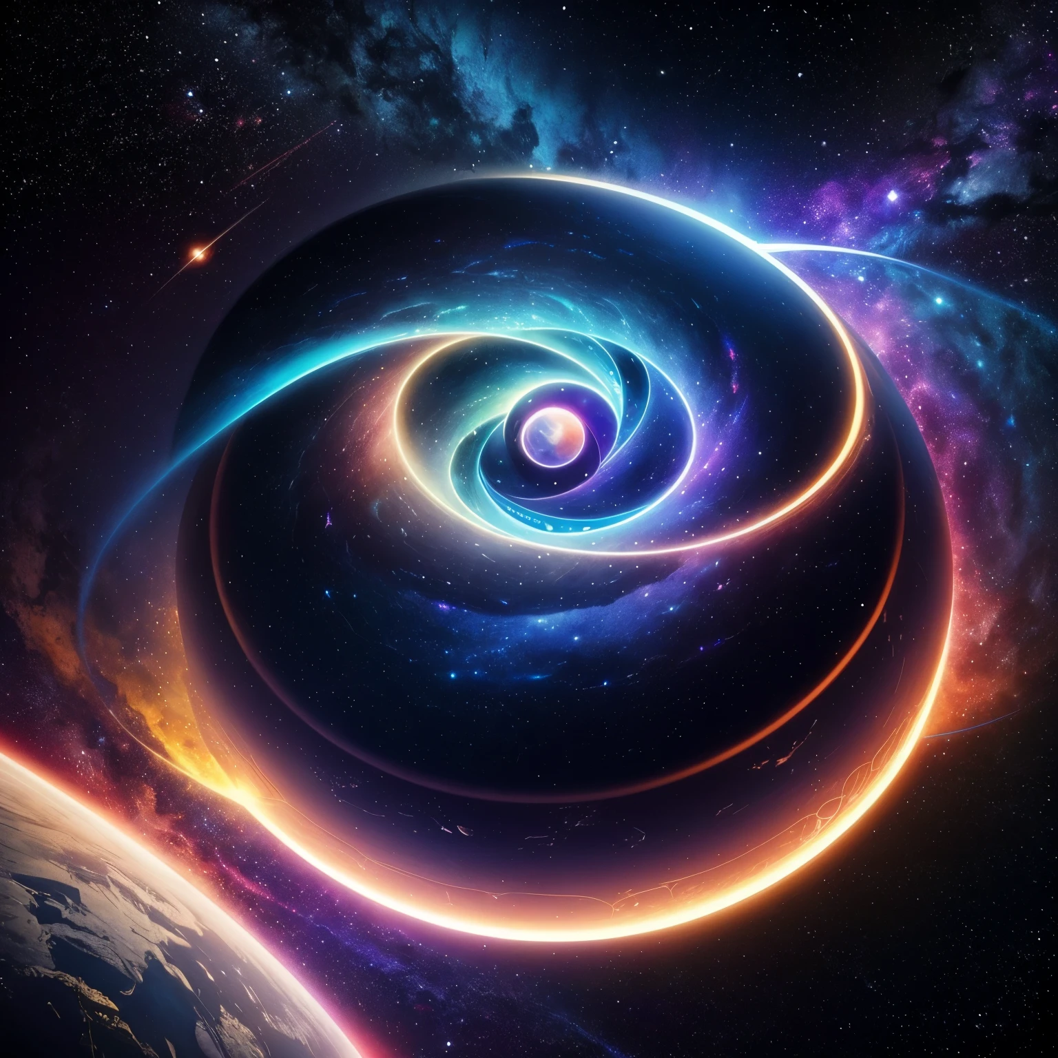 Create a captivating visual representation for the cosmic-themed rock band logo named "cosmic." Emphasize a sense of otherworldly energy and harmony with abstract celestial bodies swirling around in a vibrant color palette. The band name should be boldly displayed in futuristic, angular font, radiating a strong and edgy vibe. A prominent star or planet could serve as the central focus with the band name encircling it or intertwining with the design elements. The overall effect should be dynamic, intriguing, and evocative of a cosmic journey.