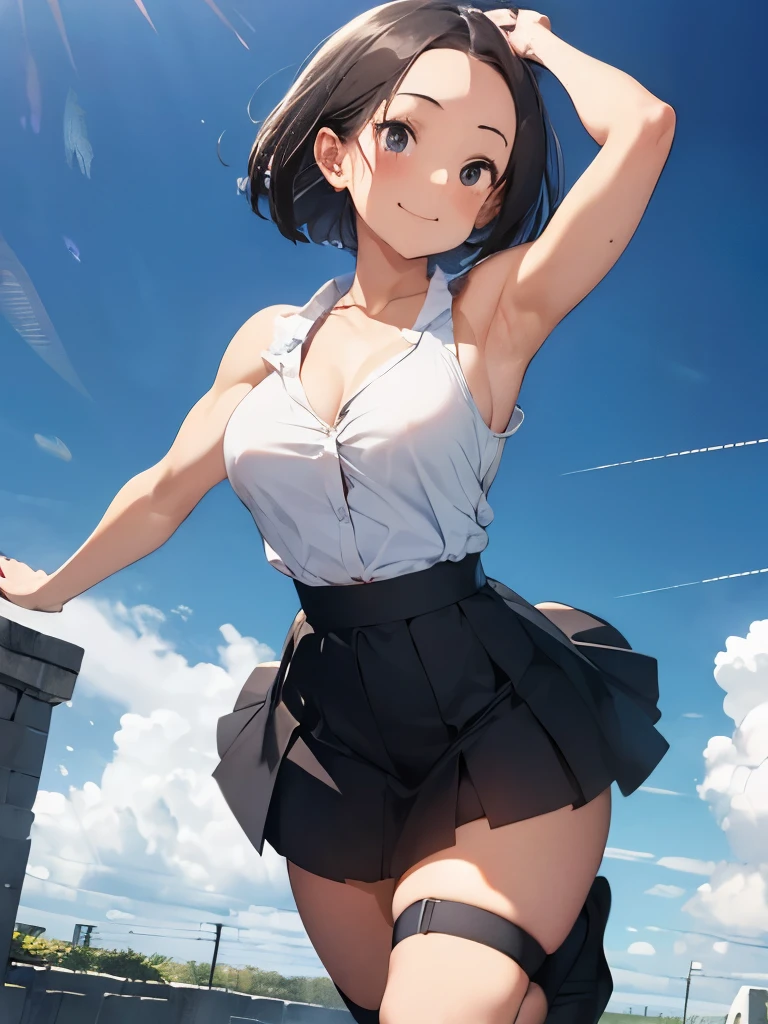 (best quality: 1.2), (masterpiece, best quality, ultra high res, 8k, perfect anatomy, extremely detailed), (extremely detailed CG unity), (1lady), solo, (abs:0.8),(27 years old:1.5),(black eyes),(dark brown hair), (bob cut), (medium breasts:1.3),(Navel exposed:1.3),full-face blush,face is turning red, (thick thighs:1.3),((collarbone)),(muscular shoulder:1.5),(sleeveless shirt:1.2), BREAK (above-the-knee skirt :1.2),(smile:1.1),(huge areola),(erection of nipple:1.0),(ecstasy:1.3), upward glance,(Forehead:1.4), impossible clothe,dynamic angle,(jumping:1.4),(flying:1.2),in the sky,show armpit