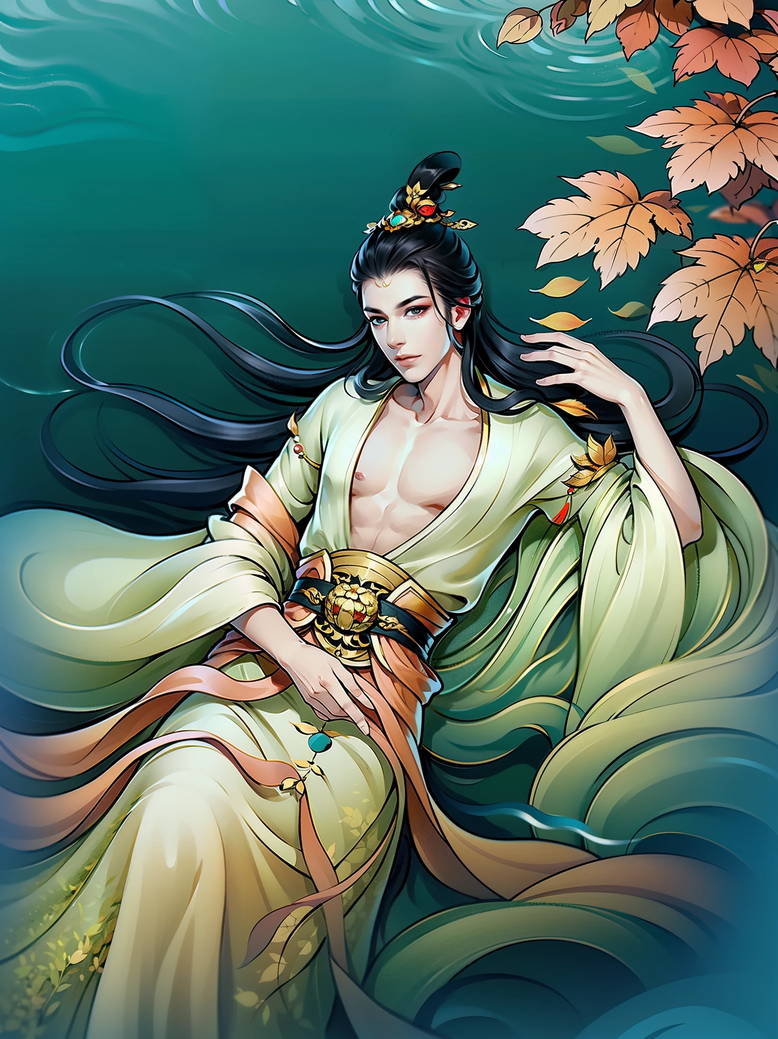 （masterpiece，super detailed，high清详情，high度细致的艺术）1 man lying in the water，alone，long hair，hot spring water，water vapor，Show chest，dead leaves，Clear water，hanfu，Ripples in the water，来自东亚的high度详细的角色设计，Game character costume design，超high分辨率, sharp focus, epic work, masterpiece, (Very detailed CG unified 8k wallpaper)，Handsome face，Sharp eyes，high