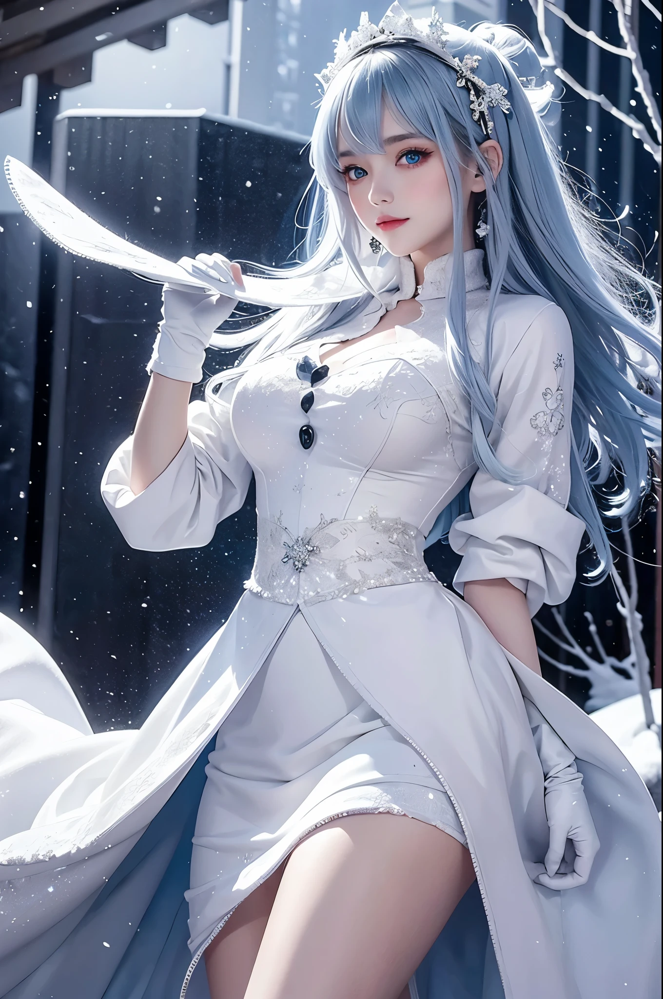 (masterpiece, highest quality), It's snowing. Composition of a woman standing under a snowy night sky. Her face is important. Her eyes are bright green and her hair is light blue and white, long and fluffy. She is wearing a down jacket and is putting on her gloves.