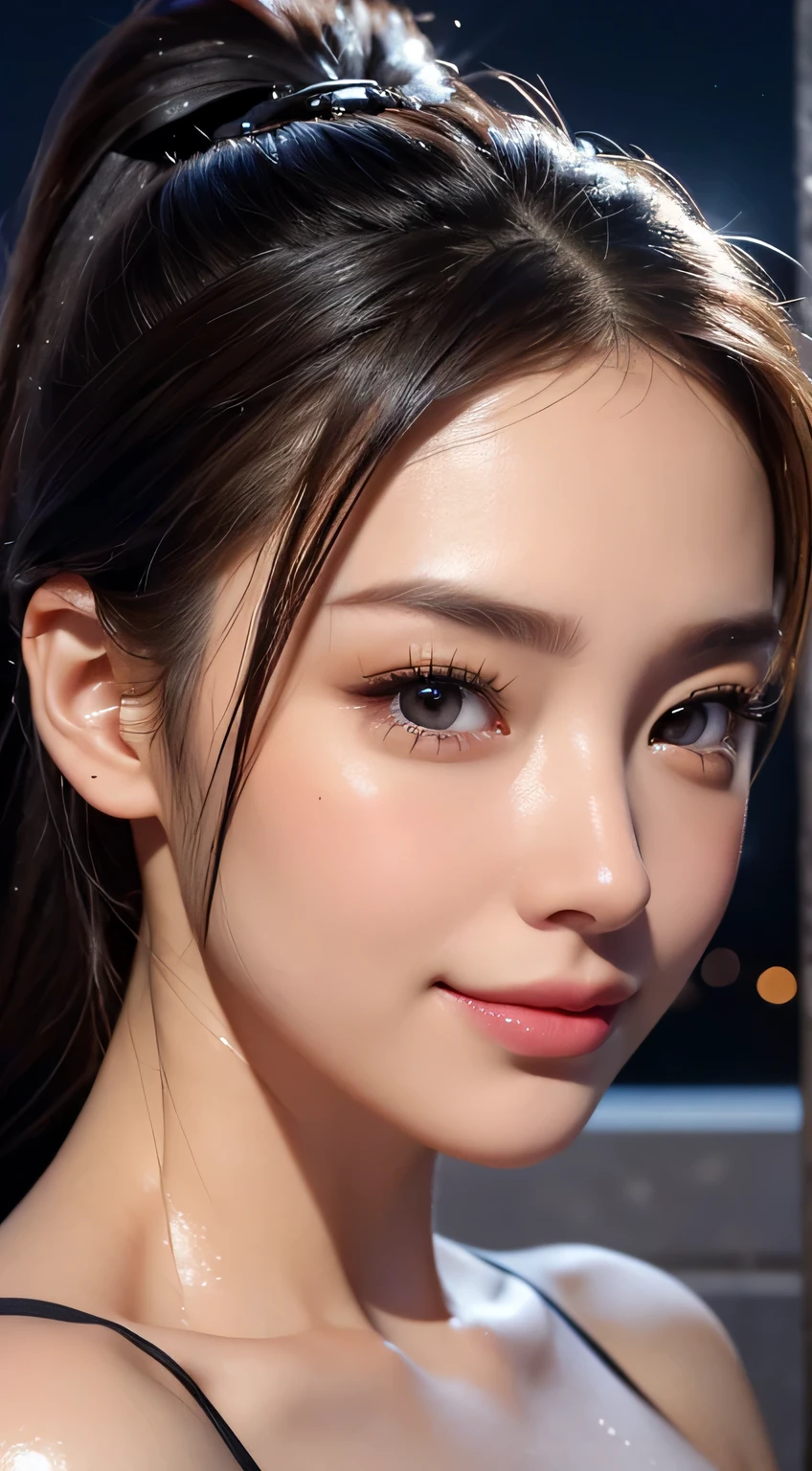 Beautiful woman，body portrait、8K，fine and beautiful eyes，Dindal effect、masterpiece, 最high quality, high quality, High resolution、very detailed写真、(natural skin texture、fine skin、hyper realism、Super sharpness)、high detail skin、(very detailed、fine skinの質感、intricate details、beautiful face、(lifelike face)、realistic eyes、beautiful and detailed eyes、ponytail、real looking skin、beautiful skin、big breasts、G cup、glamorous、shiny skin、oily muscles、take a shower in the bathroom、surreal、very detailed、golden ratio、with smiling eyes、((night moonlight background))、body portrait