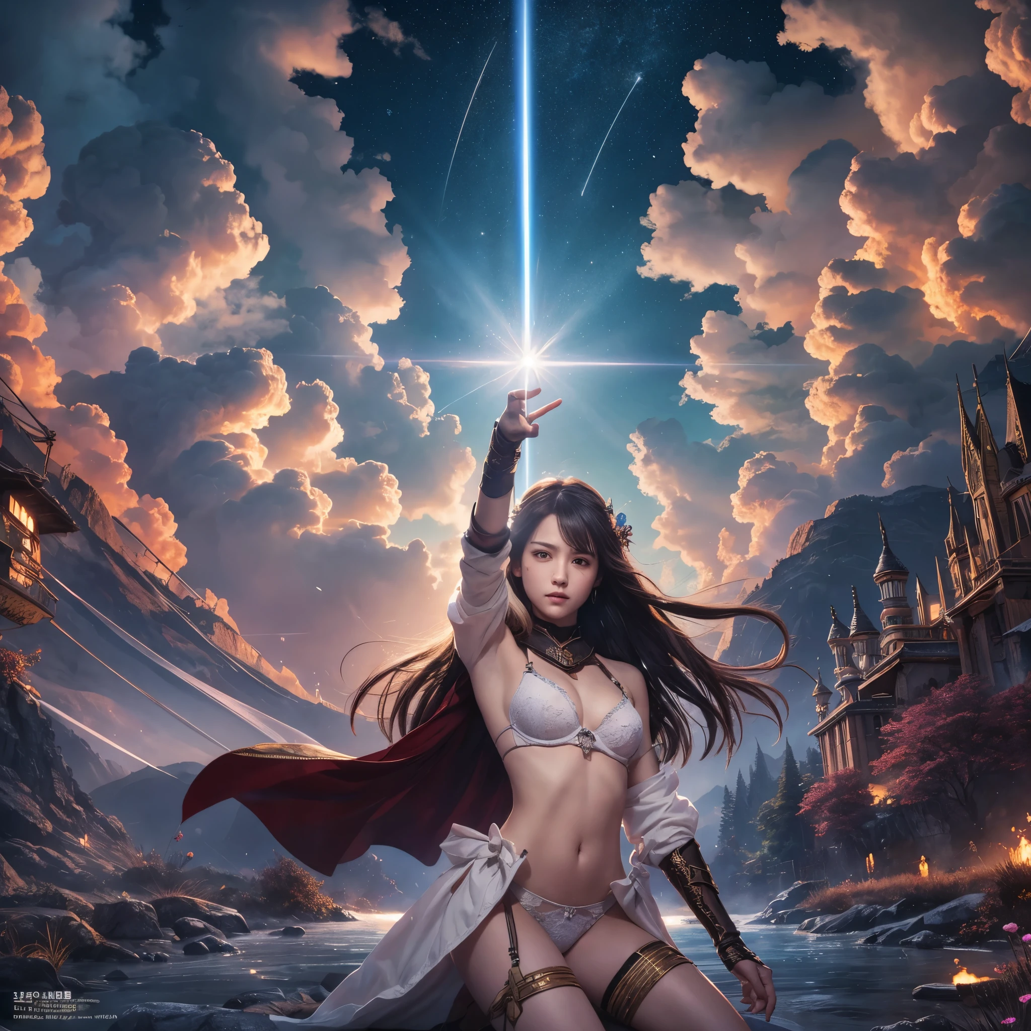 (Raw photo:1.2), (realistic), beautiful detailed girl, highly detailed eyes and face, thin and beautiful eyes, huge file size, High resolution, very detailed, highest quality, [table top:1.6], shape, very detailed, small details, highest quality, 8k wallpaper, movie lighting, Japanese female heroine of RPG game, under the dark sky, In the empty wilderness, Hold the sacred sword in your hand and raise it in the sky, A ray of light is emitted from the tip of the sword., The light output from the sword pierces the dark sky., heroine in underwear, The white bra is visible, white panties are visible, young face, slender body, short cut hair fluttering in the wind, small breasts, exposed underwear, A scene from the game, fighting heroine, Battle in underwear, Desolate wilderness, thundercloud, severe thunderstorm, 