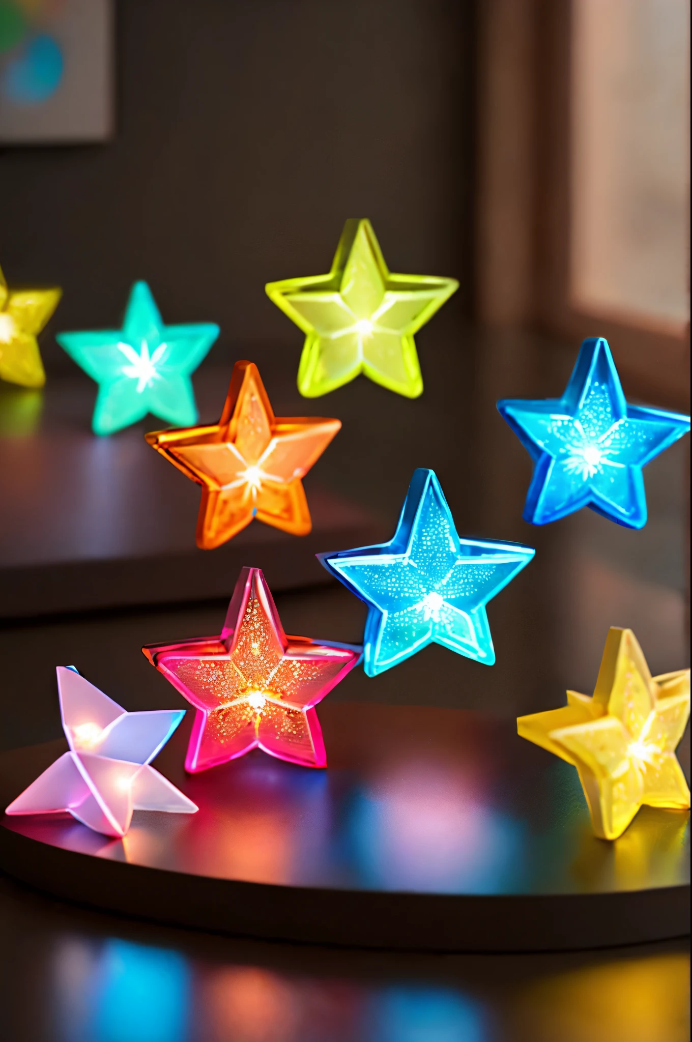 ((perfectly formed luminous glass stars, on a table in a children's room, various colors: 1.4)), at night: 1.3, ((perfect, Meticulously detailed, flawless, film-like, cinematic: 1.5), ((Masterpiece) ), (Hyper Detailed: 1.3), (Photorealistic: 1.4), Epic, Night: 1.3, Dark: 1.3, 32k.