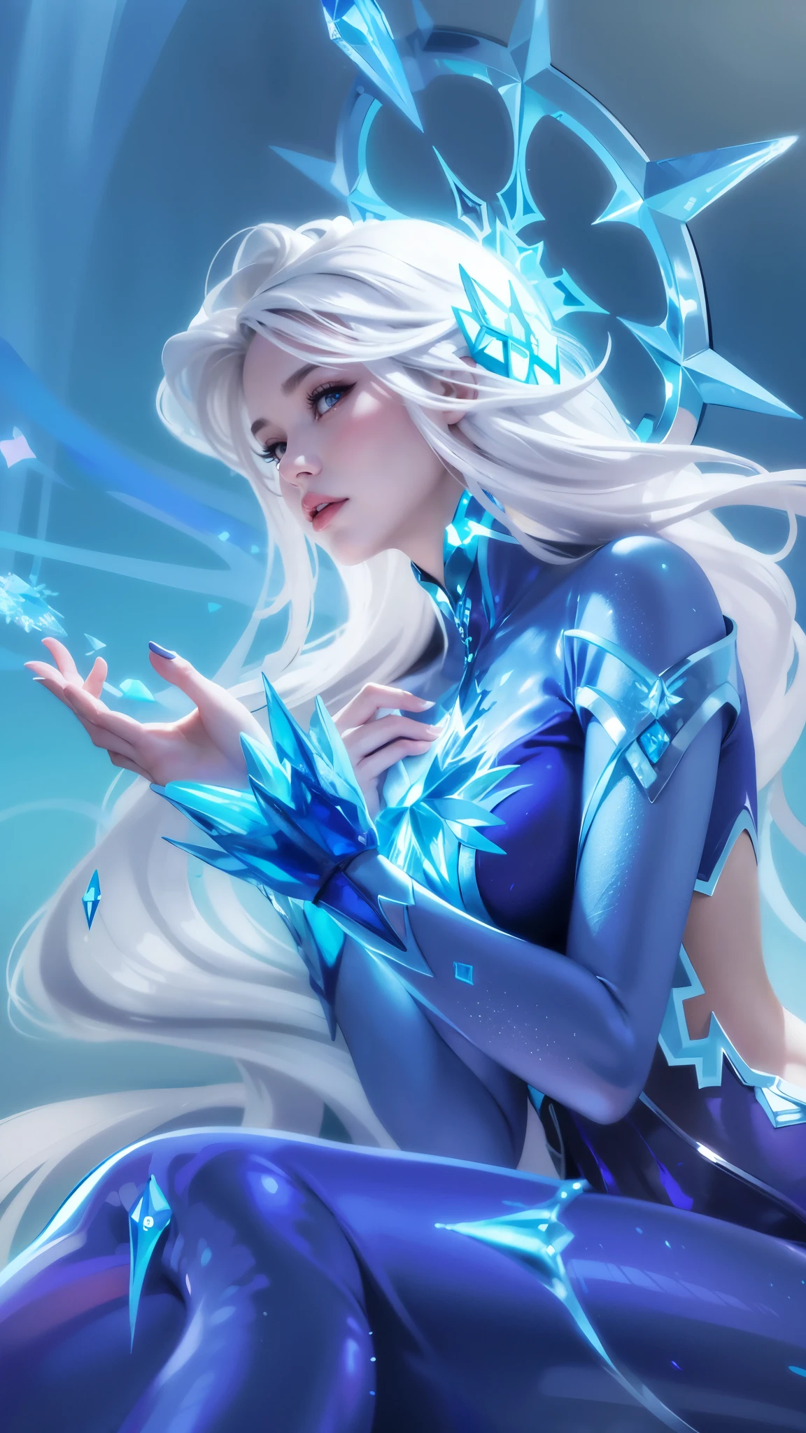 (8k, RAW photo, photorealistic:1.25) , woman - style illustration of a woman dressed in blue sitting on a ledge, ice sorceress, queen of ice and storm, ice mage, crystalline skin, ice queen, ig model | artgerm, ice spell, beautiful celestial mage, beautiful ancient frost witch, extremely detailed artgerm, crystal maiden, elsa, ! dream artgerm, icey