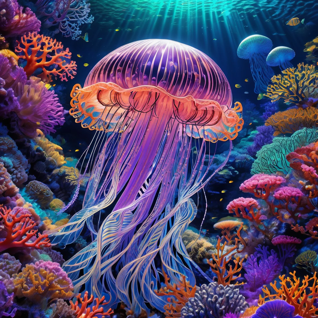 luminous object, aesthetic, extremely detailed, "PATCHWORK EMBROIDERY": UV BLACK LIGHT LINE ART PAINTING OF A BEAUTIFUL TRANSLUCENT JELLYFISH under the sea, marine fishe, colorful corals, by WETA FX and industrial light and magic, intricate elaborate RTX enhanced CGI render inspired by yayoi Kusama, pastel, intricate details, HDR, beautifully shot, hyperrealistic, sharp focus,  megapixels, perfect composition, high contrast, cinematic, atmospheric, moody