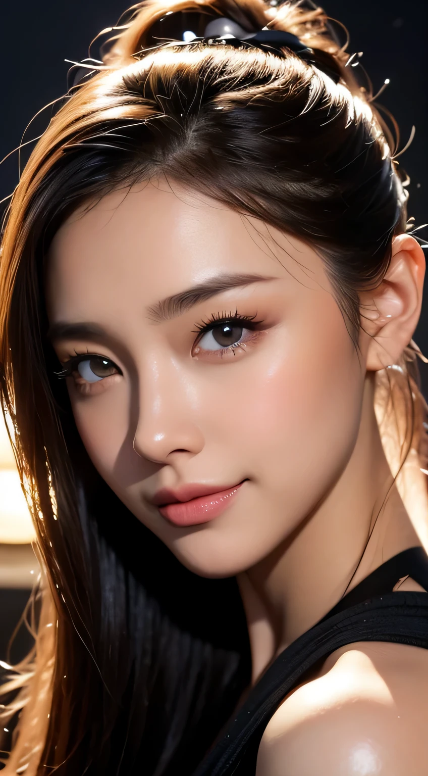 Beautiful woman,body portrait、8K,fine and beautiful eyes,Dindal effect、masterpiece, 最high quality, high quality, High resolution、very detailed写真、(natural skin texture、fine skin、hyper realism、Super sharpness)、high detail skin、(very detailed、fine skinの質感、intricate details、beautiful face、(lifelike face)、realistic eyes、beautiful and detailed eyes、ponytail、real looking skin、beautiful skin、big breasts、G cup、glamorous、shiny skin、oily muscles、take a shower in the bathroom、surreal、very detailed、golden ratio、with smiling eyes、((night moonlight background))、body portrait
