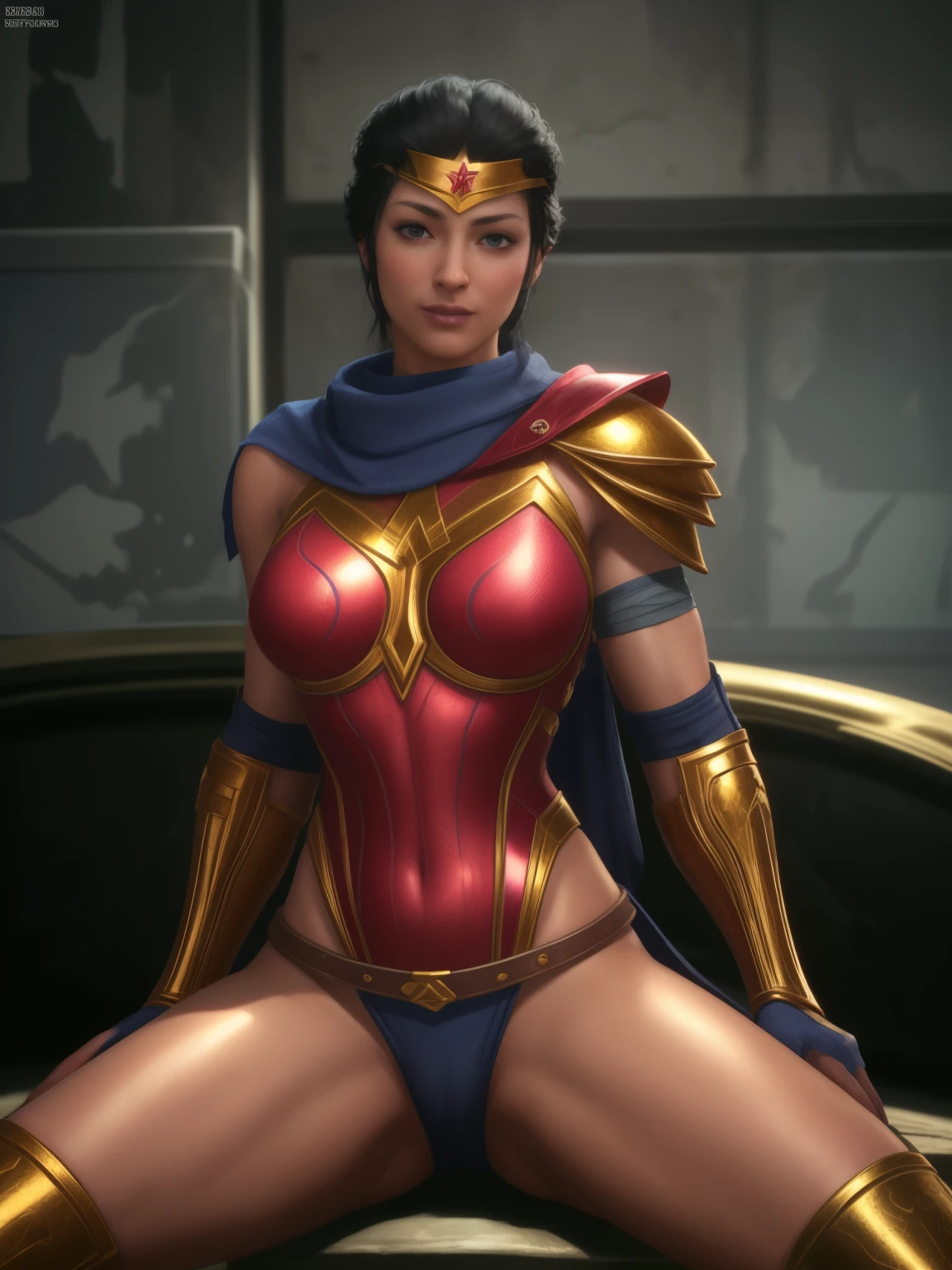 (Melhor qualidade, high resolution, obra de arte :1.3), Textura altamente detalhada do rosto e da pele, olhos detalhados, Double eyelid, wonder woman,dc,alternate hairstyle,black hair,blue eyes,looking at viewer,muscular female,shiny skin,smile,spread legs,thong,topless