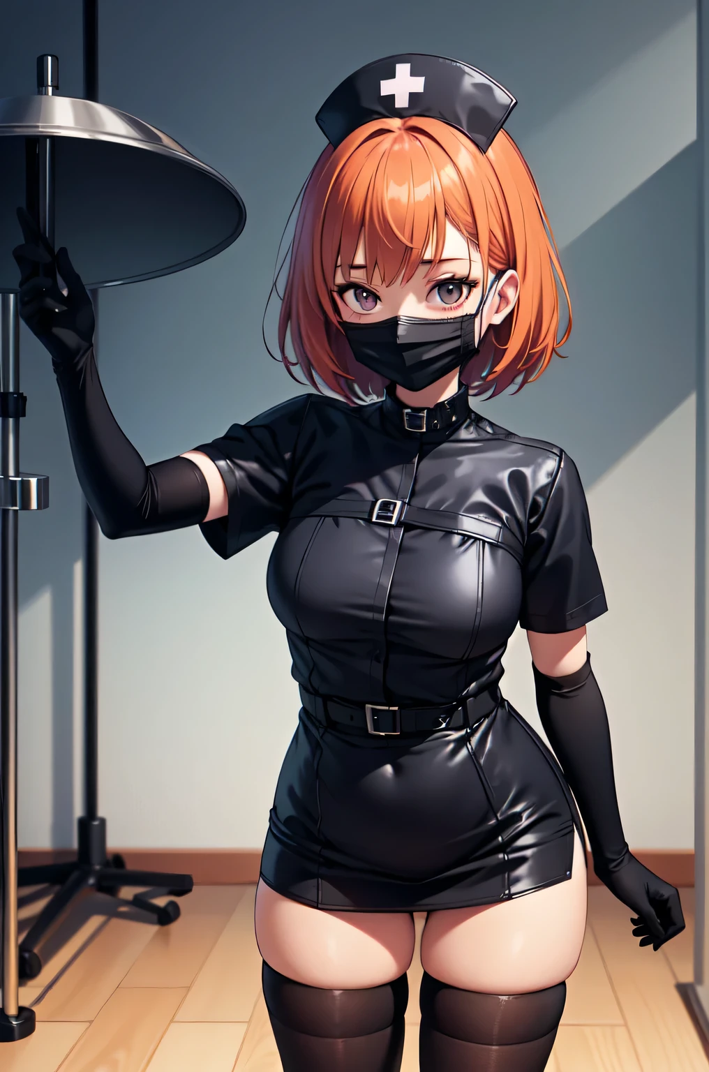 black nurse, 1girl, solo, black nurse cap, black nurse uniform, ((black legwear, zettai ryouiki)), black elbow gloves, very short hair, orange hair, ((black surgical mask, covered nose)), standing, ((surgery room)), sharp outline, short sleeves, tomboy, boyish, best quality, masterpiece