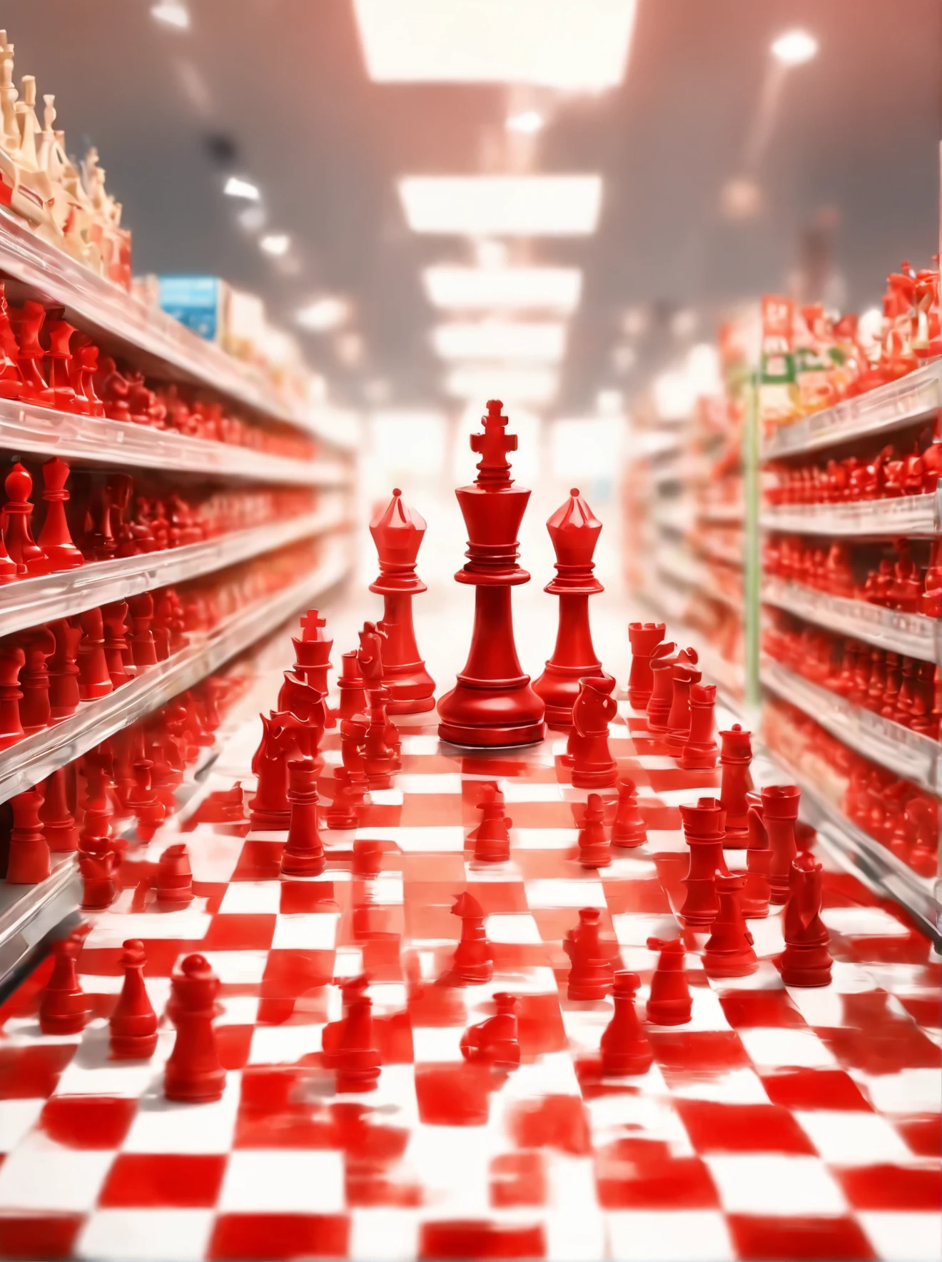 (A supermarket lane:1.3), (chess pieces:1.3), very bright photography, high key photography, realistic, only red and white, (perfect symmetry: 1.2), red and white checkered floor, minimalism, simple, catchy