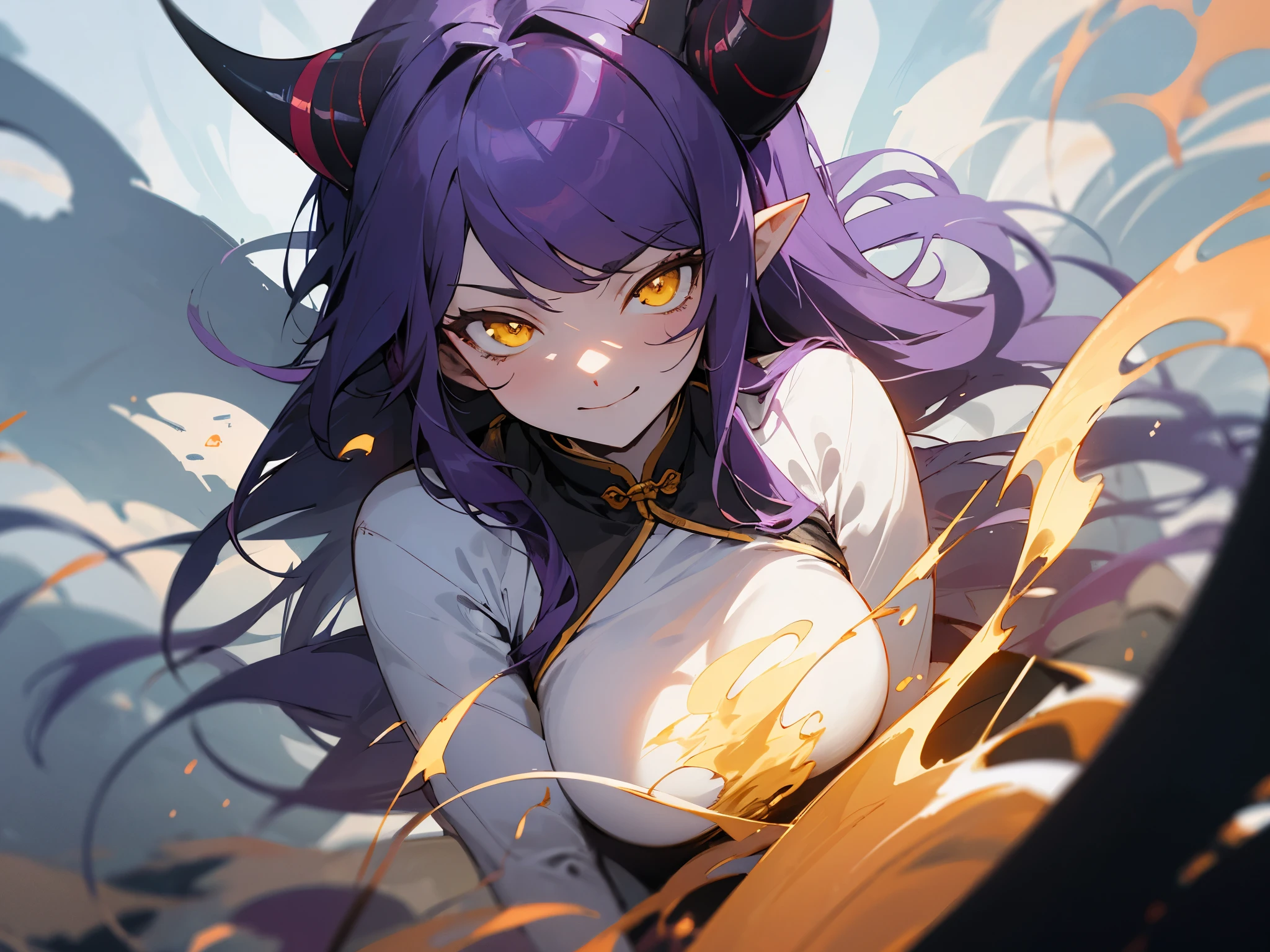 masterpiece, best quality, Anime, 1girl, demon horn, side-swept bangs, purple hair, long hair, straight hair, demon eyes, yellow eyes, pale skin, pointy ear, dark qipao, medium-sized breast, tall, enticing, night, dark, ruins, clouds, looking at viewer, solo, (swirling dark energy around character), dark lighting, close-up, smirks
