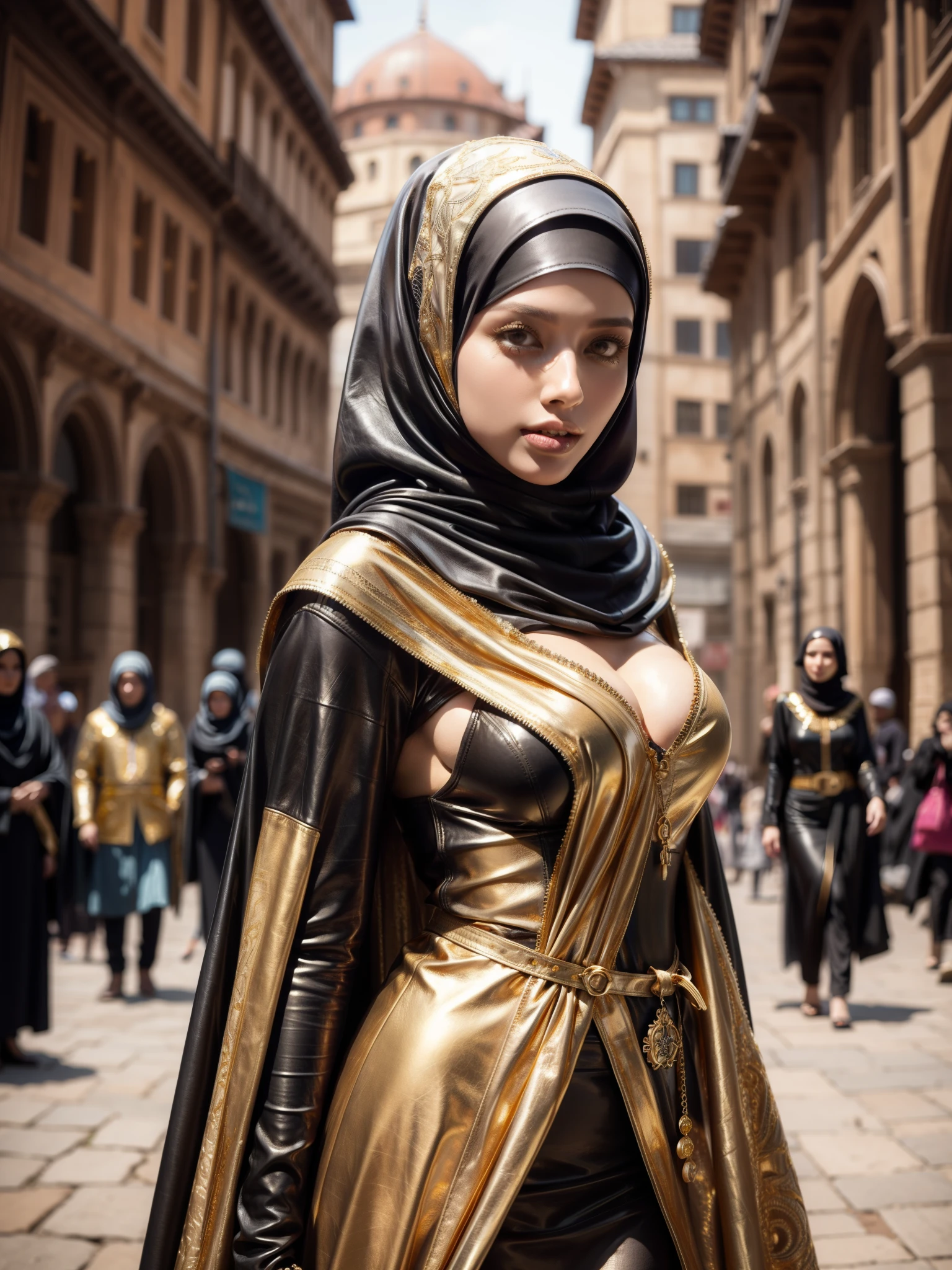 gorgeous woman, professional, (4k photo) by (Jeremy Lipking:0.3), (Dittmann Anna:0.3), (Arian Mark:0.3), (Sharp focus:1.3), (beautiful woman:1.3), wearing (leather hijab, leather abaya with intricate gold details:1.2), perfect make-up, striking, mesmerizing eyes, beautiful detailed face, standing in an arabian medieval marketplace