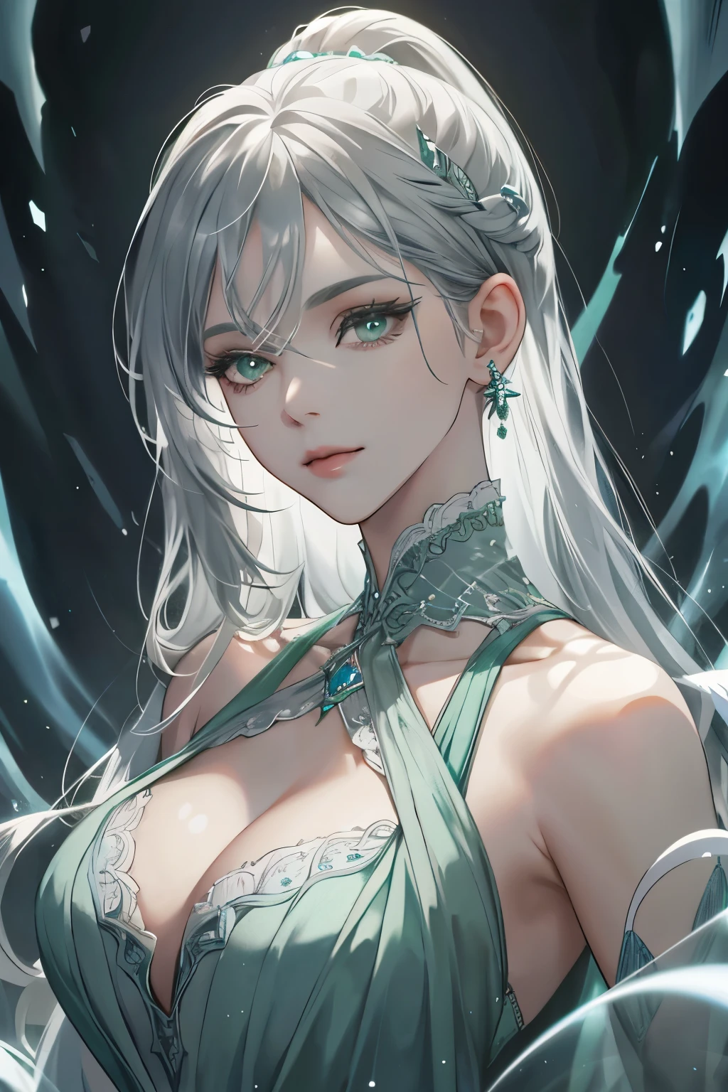 A girl with big, amazing gray-green eyes, filled with depth and mysticism, gazes intently with long, dark eyelashes that cast mesmerizing shadows. Her beauty transcends reality, veering towards the realm of fantasy. A neckline made of liquid silver and rhinestones shimmers elegantly against her skin, highlighting her intricate, intricate collarbone and the delicate contours of her face. The high detail and dynamic nature of her appearance are accentuated in this pixel study, revealing intricate lines and textures that blur the line between reality and illusion. Her aesthetic allure captivates the senses, drawing the viewer in with its realistic, high-quality portrayal. A