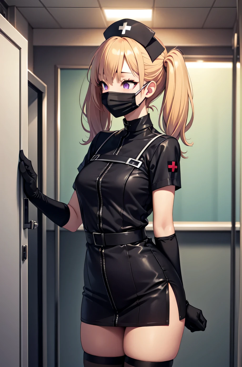 black nurse, 1girl, solo, black nurse cap, black nurse uniform, ((black legwear, zettai ryouiki)), black elbow gloves, twintails, yellow hair, purple eyes, ((black surgical mask, covered nose)), standing, ((surgery room)), sharp outline, short sleeves, best quality, masterpiece