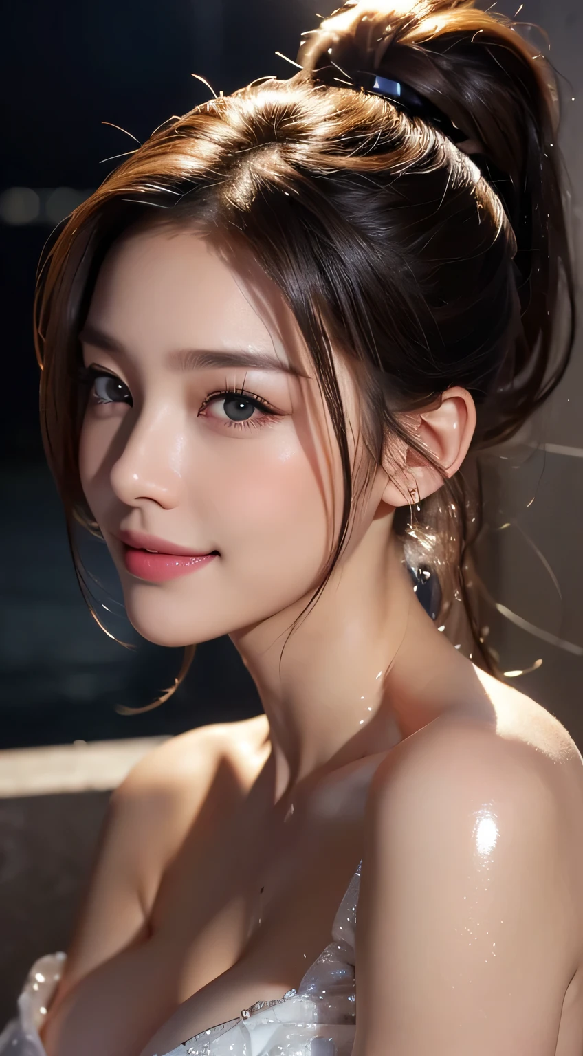 Beautiful woman，body portrait、8K，fine and beautiful eyes，Dindal effect、masterpiece, 最high quality, high quality, High resolution、very detailed写真、(natural skin texture、fine skin、hyper realism、Super sharpness)、high detail skin、(very detailed、fine skinの質感、intricate details、beautiful face、(lifelike face)、realistic eyes、beautiful and detailed eyes、ponytail、real looking skin、beautiful skin、big breasts、G cup、glamorous、shiny skin、oily muscles、take a shower in the bathroom、surreal、very detailed、golden ratio、with smiling eyes、((night moonlight background))、body portrait