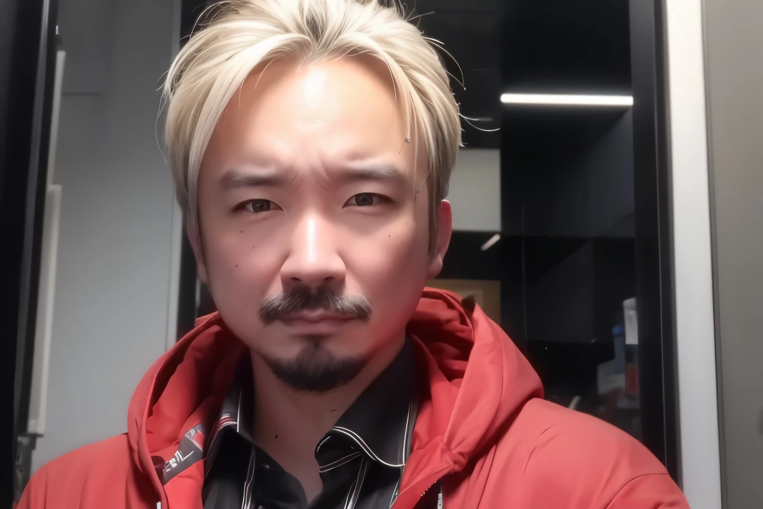 solo, looking at viewer, blonde hair, shirt, 1boy, upper body, male focus, coat, facial hair, realistic, mustache