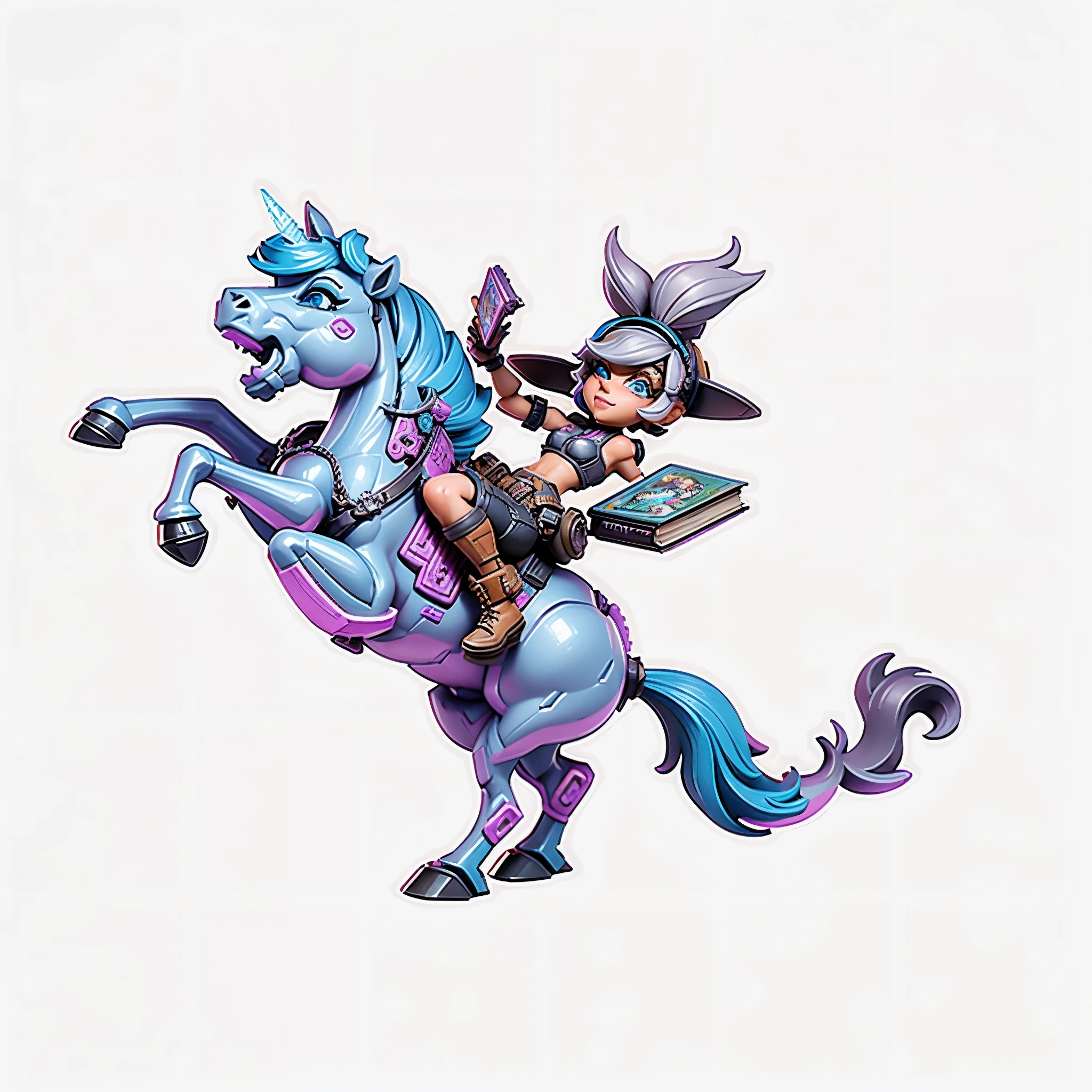 Tiny Tina from borderlands holds book with left hand when riding Buttstallion crystal horse. Disney cartoon figure style. ActionFigureQuiron style, plastic toy playset pack, premium playset toy box, no humans, playset