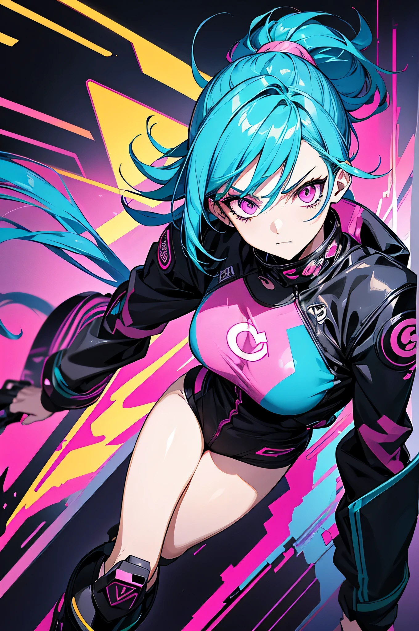 Alternative anime girl covered in tattoos, lots of tattoos, tattoo sleeves, focus on pink and yellow colours, illustration, basic colour backgrounds, industrial, graphic, Lino print