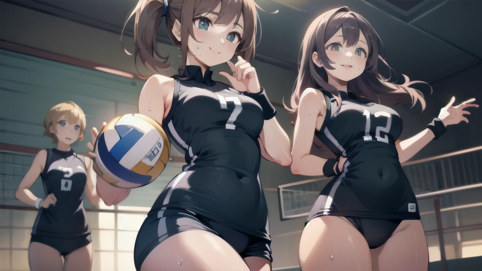 unity 8k wallpaper, anatomically correct, (((masterpiece))), (((best quality))), (((ultra detailed))), (((high-resolution))), ((super fine illustration)), ((Ultimate cutie)), ((detailed beautiful face)), perfect hands, perfect finger, (((good anatomy))), BREAK, multiple girls, lovingly gaze, harem, group picture, 17 years old, (potbelly), (Curve), medium breasts, ((thick thighs)), Shiny hair, (((coquettish smile))), (((blush))), BREAK, Adidas, Sleeveless collared Volleyball Uniforms, ((wristbands)), BREAK, (Hold the beautiful spherical 6-inch volleyball), ((Sweat)), (perspired), (Heavy breathing), in gymnasium, in volleyball court, depth of field, strong light, cowboy shot,,