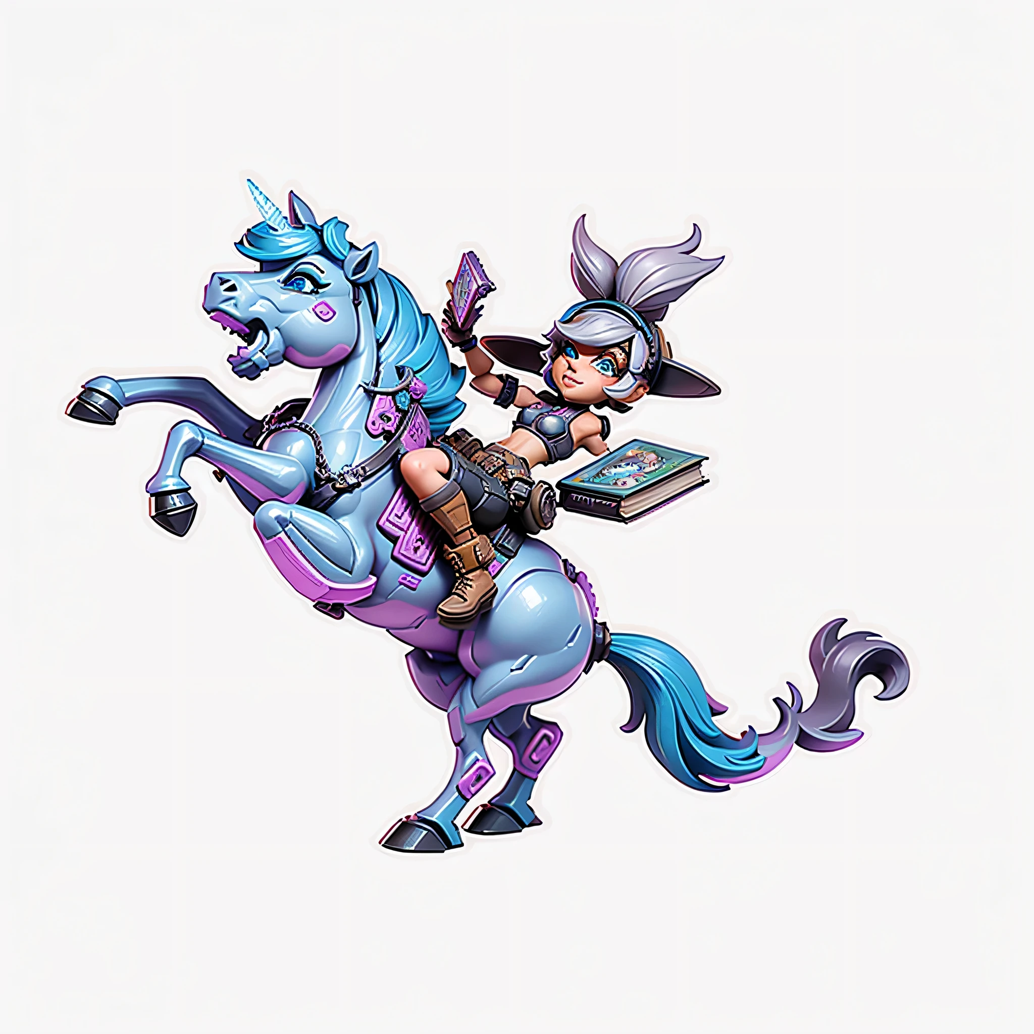 Little Tina from Borderlands holds a book in her left hand, riding the crystal horse Battstallion.. Disney cartoon style figure. ActionFigureQuiron style, plastic toy playset pack, premium playset toy box, no people, playset