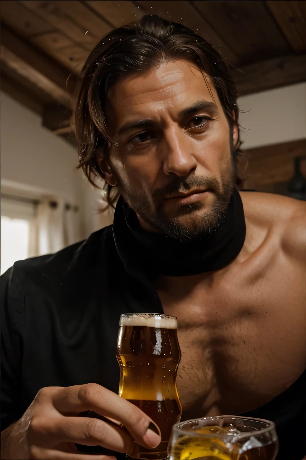 Create me a man, de type européen, entre 40 et 50 ans, grisonnant, qui "eat a beer". sous son menton, a Doberman tries to steal his mouthful

