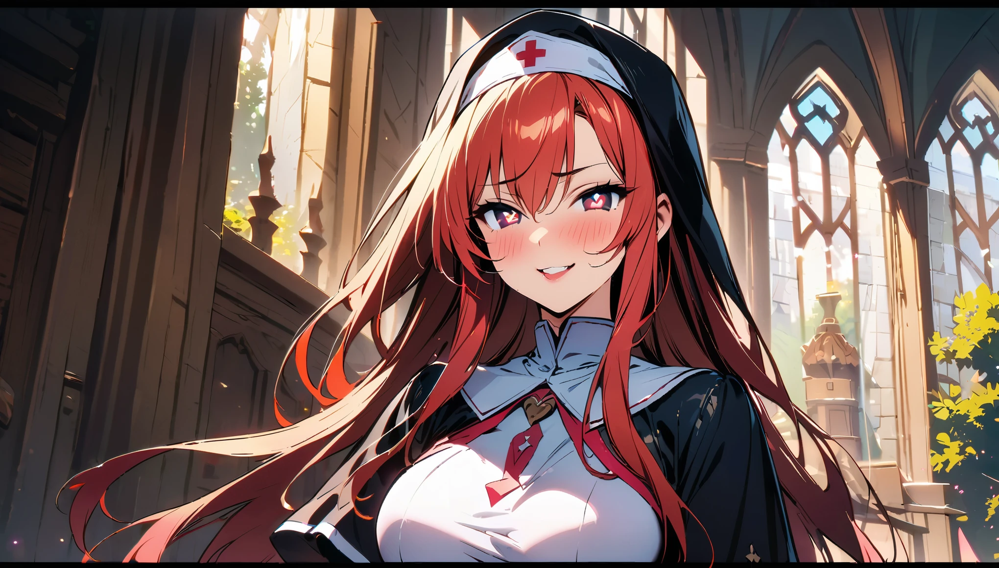 dnd, dungeons and dragons, cute succubus, tanned skin, red hair, full nun suit, chapel, fantasy, heroic fantasy, bright day, fairytail, cute, blonde hair, long hair, nurse cap, heart-shaped pupils, naughty face, ray tracing, bloom, highres, best quality, high quality, super detail, UHD, 8k, 16k, masterpiece