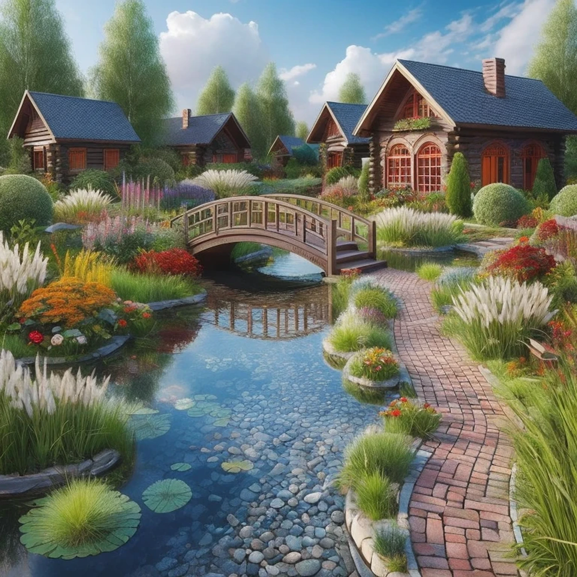 A clear pond garden with visible bottom, small pressed brick path, backdrop of small wooden cabin houses with arched red windows, colorful flowers, wild grass, blue sky with white clouds, 3D, realistic, cinematic, deep shadows, detailed, with an added arched bridge over the pond, and a sunset with stunning light effects, with the sky color changed to orange and red, pengambilan gambar dari bawah.