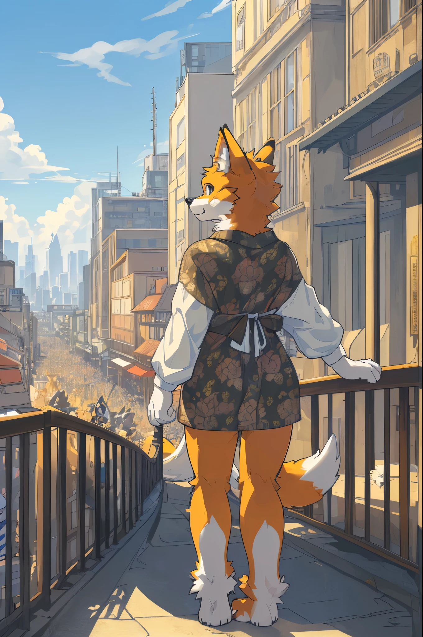 top quality, best quality, High-quality illustrations, masterpiece, super high resolution, detailed background, Crowded cityscape, absurdres, perfect anatomy(cute 1girl, warking, back view, kemono, furry anthro, Furry body, dog facial features, dog body features)(very detailed body fur)full body,