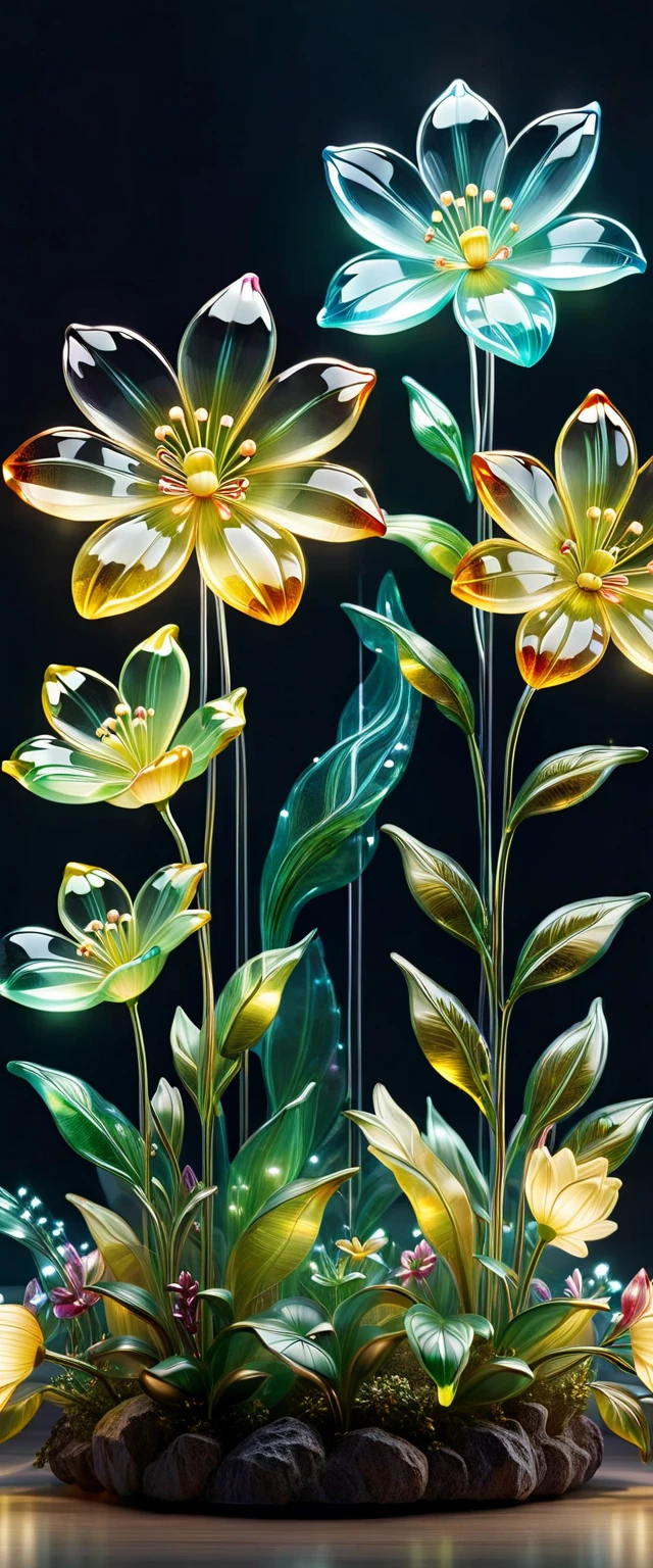 general shot, ((luminous glass flowers: 1.4, perfectly formed, in a children's room various colors: 1.4)), at night: 1.3, ((perfect, Meticulously detailed, flawless, film-like, cinematic: 1.5), ( (Masterpiece)), (Hyper Detailed: 1.3), (Photorealistic: 1.4), Epic, Night: 1.3, Dark: 1.3, 32k.