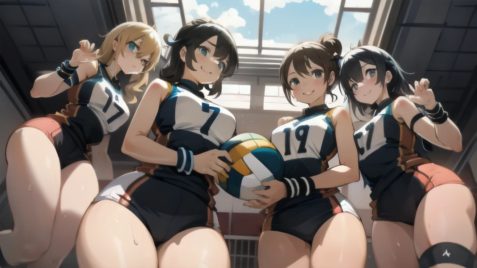 unity 8k wallpaper, anatomically correct, (((masterpiece))), (((best quality))), (((ultra detailed))), (((high-resolution))), ((super fine illustration)), ((Ultimate cutie)), ((detailed beautiful face)), perfect hands, perfect finger, (((good anatomy))), BREAK, multiple girls, lovingly gaze, harem, group picture, 17 years old, (potbelly), (Curve), medium breasts, ((thick thighs)), Shiny hair, (((coquettish smile))), (((blush))), BREAK, Adidas, Sleeveless collared Volleyball Uniforms, ((wristbands)), BREAK, (Hold the beautiful spherical 6-inch volleyball), ((Sweat)), (perspired), (Heavy breathing), in gymnasium, in volleyball court, depth of field, strong light, cowboy shot,,