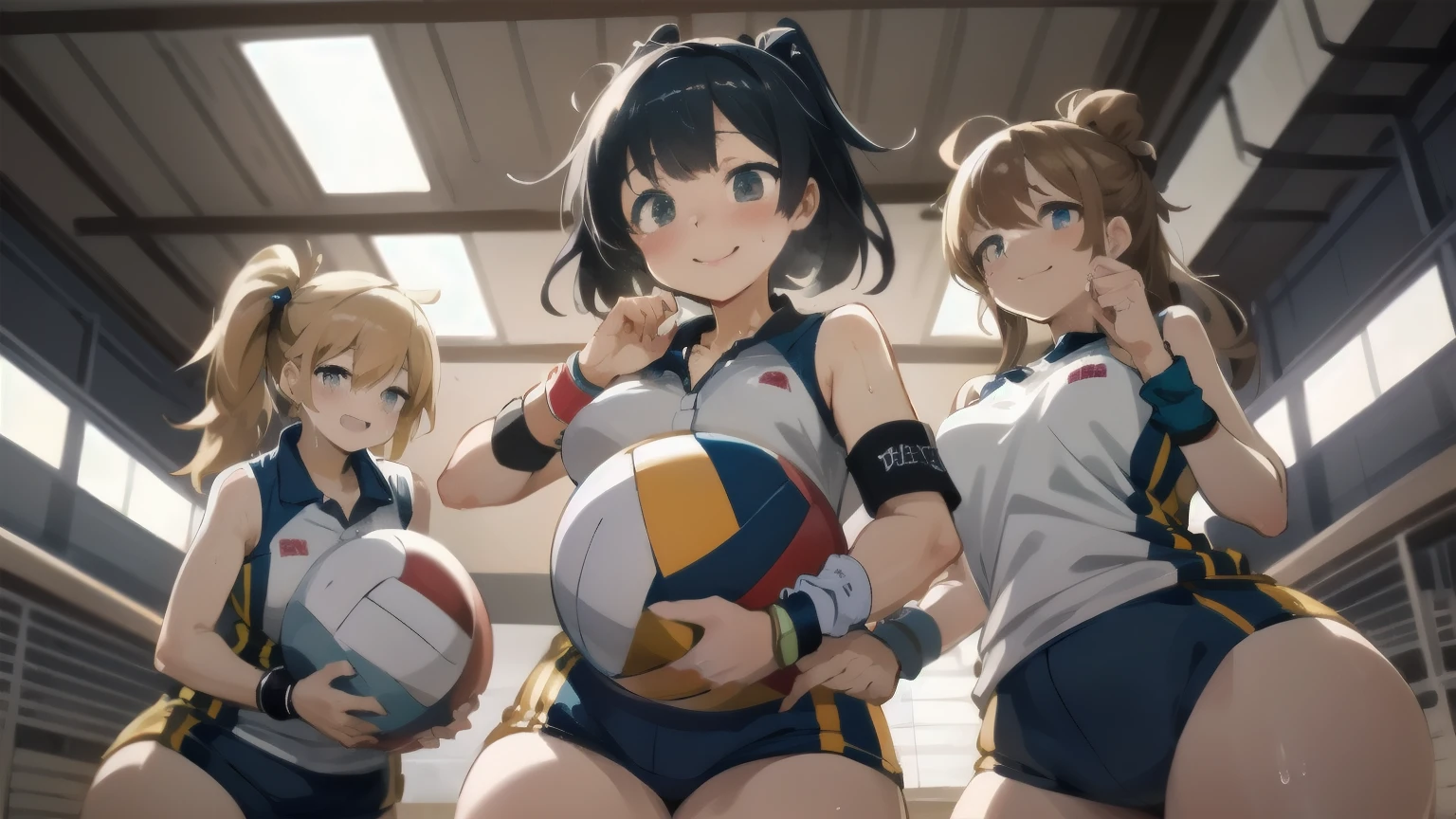 unity 8k wallpaper, anatomically correct, (((masterpiece))), (((best quality))), (((ultra detailed))), (((high-resolution))), ((super fine illustration)), ((Ultimate cutie)), ((detailed beautiful face)), perfect hands, perfect finger, (((good anatomy))), BREAK, multiple girls, lovingly gaze, harem, group picture, 17 years old, (potbelly), (Curve), medium breasts, ((thick thighs)), Shiny hair, (((coquettish smile))), (((blush))), BREAK, Adidas, Sleeveless collared Volleyball Uniforms, ((wristbands)), BREAK, (Hold the beautiful spherical 6-inch volleyball), ((Sweat)), (perspired), (Heavy breathing), in gymnasium, in volleyball court, depth of field, strong light, cowboy shot,,