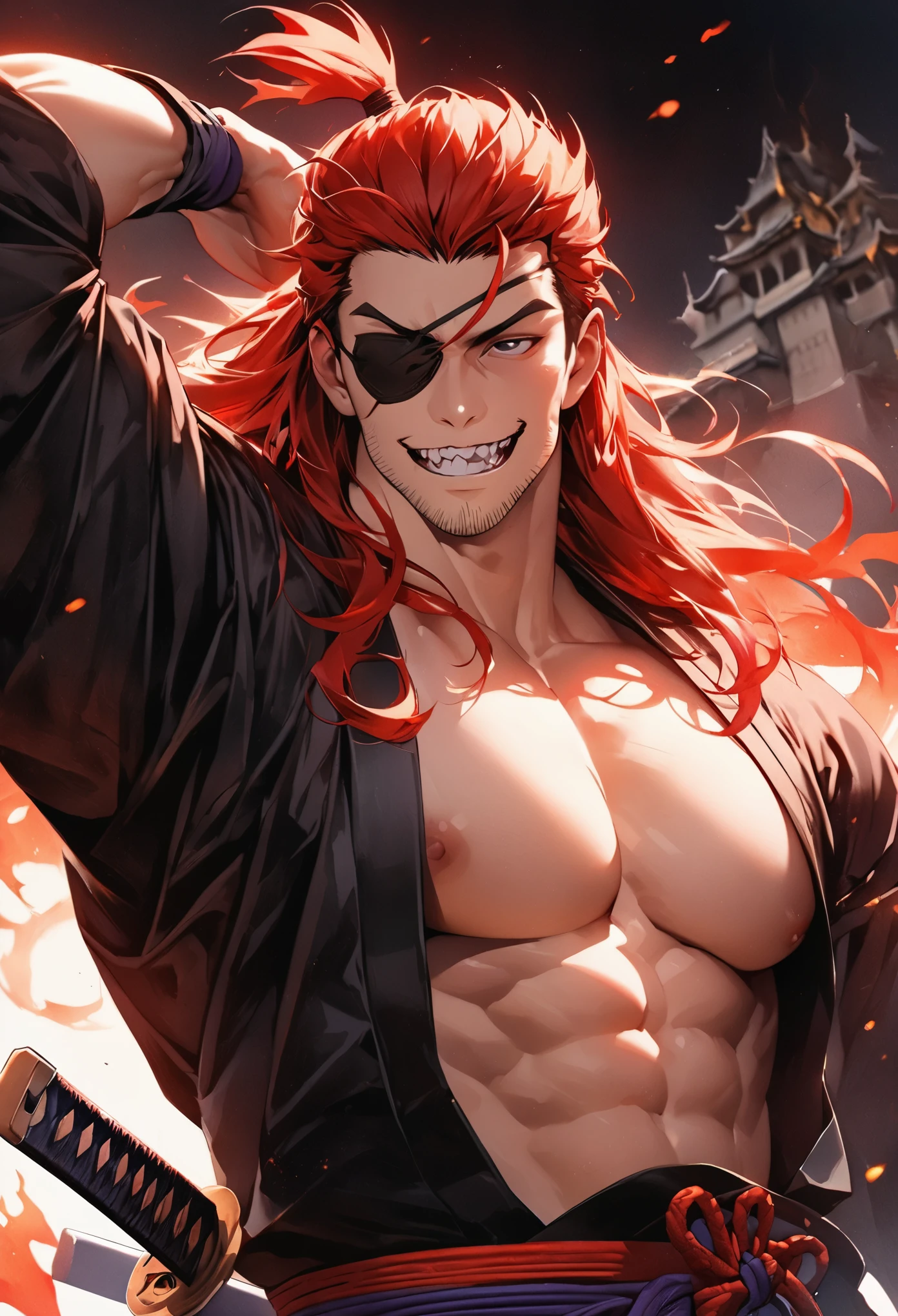 (masterpiece:1.3), (8K、最high quality:1.4), (japanese men), Powerful face, (thick eyebrows), (strong jaw and stubble), fearless smile, Cover your left eye with an eyepatch made from the tsuba of a Japanese sword.., has long hair in a topknot, powerful black eyes, muscular body, ((Yagyu Jubei)), ((samurai costume)), ((perfect anatomy)), (high detail skin: 1.2), (((wonderful Japanese sword))), two swords, big and small, (great muscles)、((Castle on Fire)), Meet the ninja, Pull out and hold the sword, sharp focus, contrast lighting, fine skin, High resolution 8K, crazy details, realistic, soft light , high quality, volume lighting, soft light, bright, neon, Bright colors, watercolor painting, bright色, Create digital artwork in pop art style