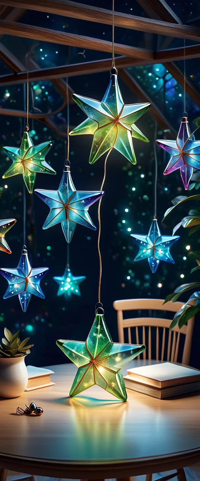 ((perfectly formed luminous glass stars, on a table in a children's room, various colors: 1.4)), at night: 1.3, ((perfect, Meticulously detailed, flawless, film-like, cinematic: 1.5), ((Masterpiece) ), (Hyper Detailed: 1.3), (Photorealistic: 1.4), Epic, Night: 1.3, Dark: 1.3, 32k.