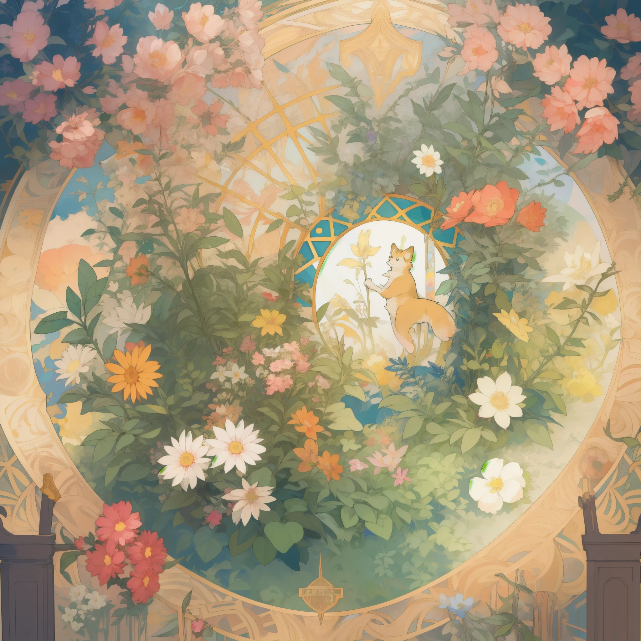 top quality, best quality, kaleidoscope, rzminjourney, vector-art, High-quality illustrations by Alfons Mucha, masterpiece(kemono, furry anthro)logo mark, round, colorful flower,