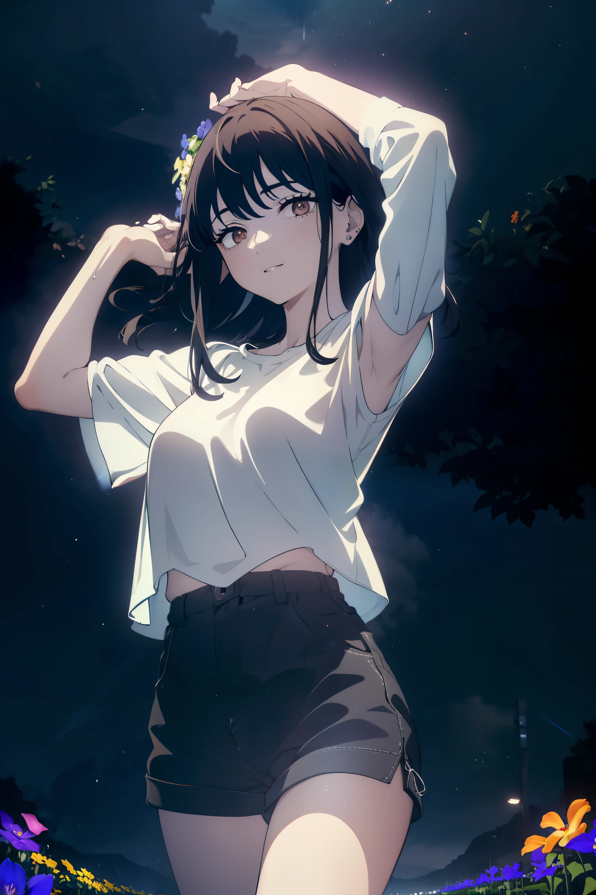 ((((masterpiece, best quality, ultra high resolution)))), 1 girl, permanent, (Loose white T-shirt, Loose blue shorts, long hair on back, dark long hair, pale skin, ((brown Eye)), luminescent_Eye, neon Eye, ((ultra detailed Eye:0.7, Beautiful and detailed face, detailed Eye:0.9)), ((center)), Smile, (廣角鏡head), Facing the audience, (((Vibrant background outside, psychedelic flower, bright lights, dark))), flat chest, ((looking at the audience)), ((half closed Eye)), ((perfect hands)), ((head:1, buttocks, Elbow, arms, in sight)), empty Eye, beautiful lights, clear topic, 25 years old, ((very cool image)),