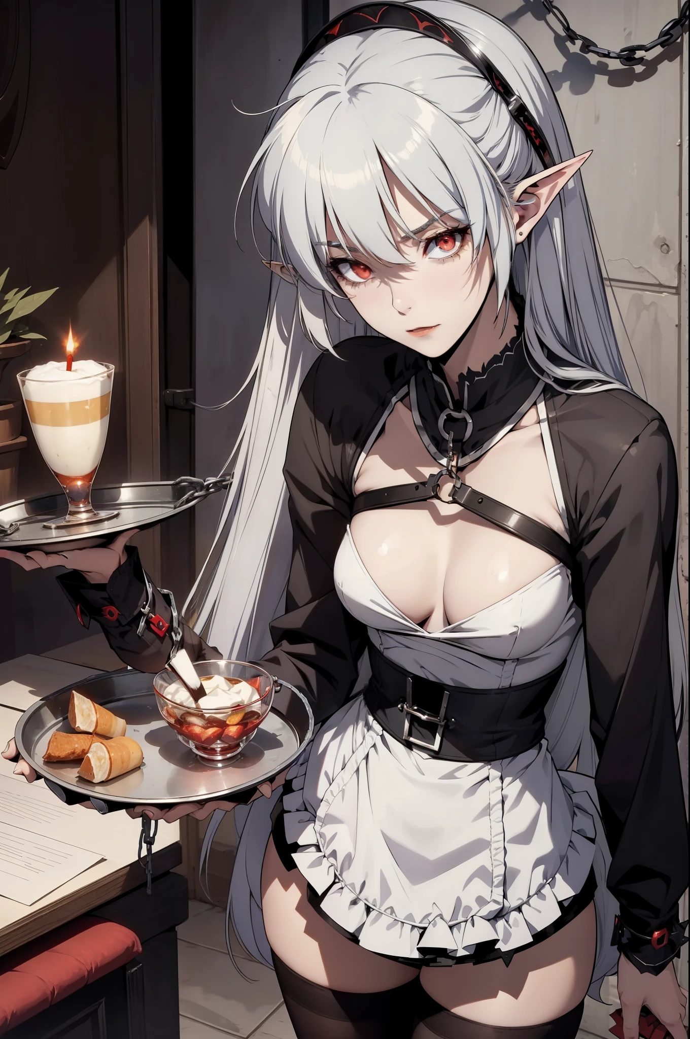 alice,vampire,grey hair, long hair, red eyes, pointy ears, small breasts,((waitress bdsm girl chained tray tray))