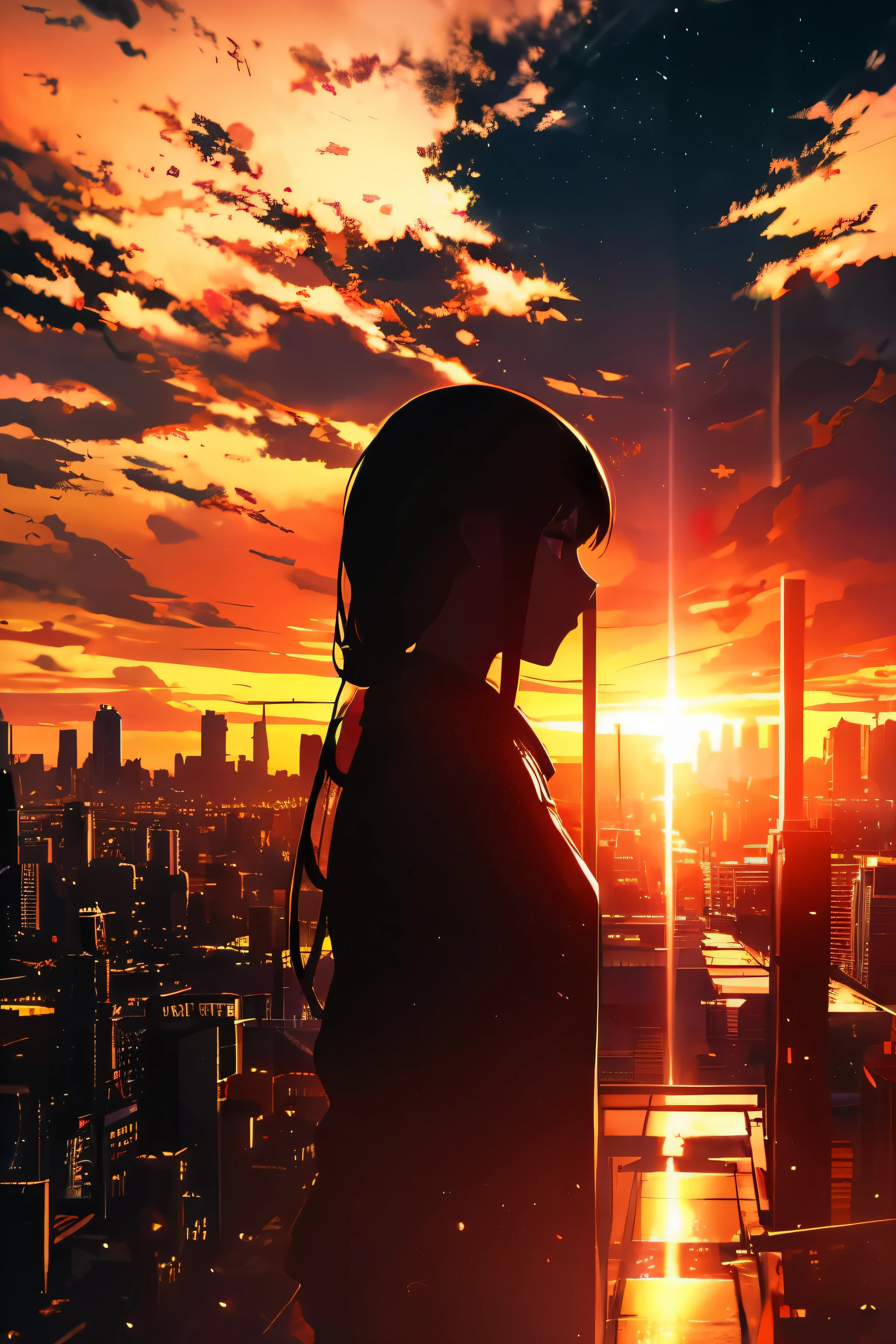 Anime girl looking out over a city at sunset - SeaArt AI