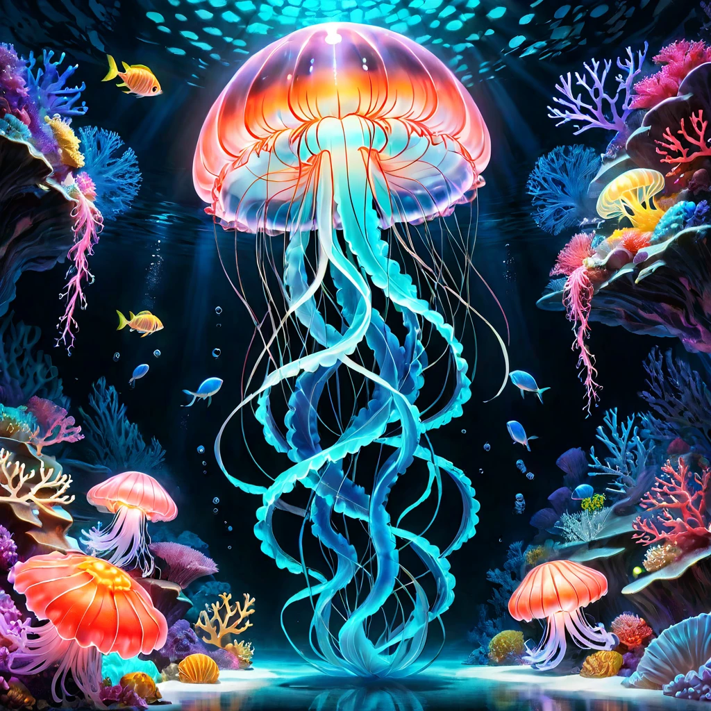 luminous object, aesthetic, extremely detailed, "PATCHWORK EMBROIDERY": UV BLACK LIGHT LINE ART PAINTING OF A BEAUTIFUL TRANSLUCENT JELLYFISH under the sea, marine fishe, colorful corals, by WETA FX and industrial light and magic, intricate elaborate RTX enhanced CGI render inspired by yayoi Kusama, pastel, intricate details, HDR, beautifully shot, hyperrealistic, sharp focus,  megapixels, perfect composition, high contrast, cinematic, atmospheric, moody