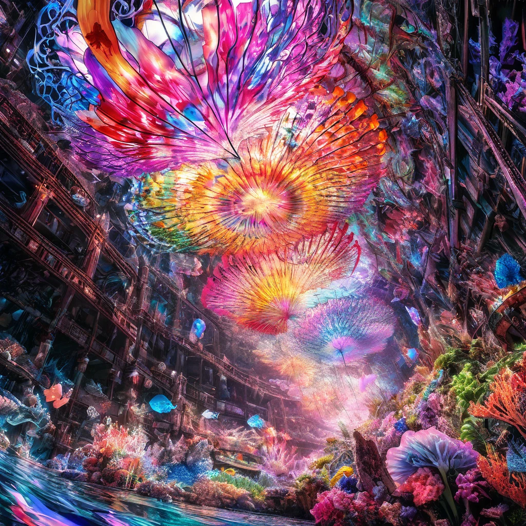 luminous object, aesthetic, extremely detailed, "PATCHWORK EMBROIDERY": UV BLACK LIGHT LINE ART PAINTING OF A BEAUTIFUL TRANSLUCENT JELLYFISH under the sea, marine fishe, colorful corals, by WETA FX and industrial light and magic, intricate elaborate RTX enhanced CGI render inspired by yayoi Kusama, pastel, intricate details, HDR, beautifully shot, hyperrealistic, sharp focus, megapixels, perfect composition, high contrast, cinematic, atmospheric, moody